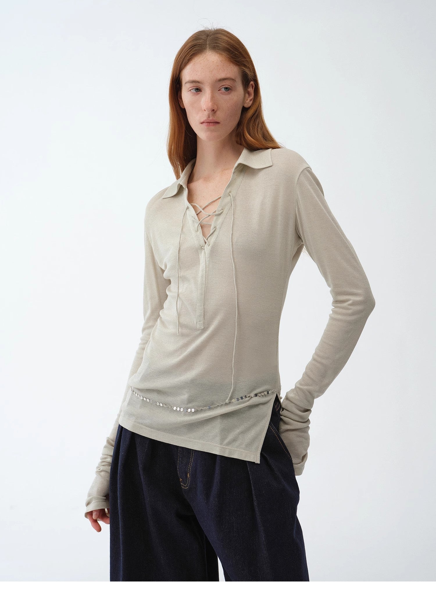 Light silver silk knitted top with tie lapel, slim fit, long sleeves, slightly transparent, by Firelady Fur for Maison Beaumont.
