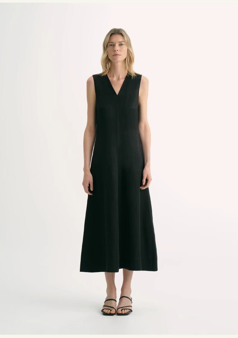 Firelady Fur women's V-neck sleeveless A-line dress with lightweight, textured cupro linen fabric and anti-wrinkle design.