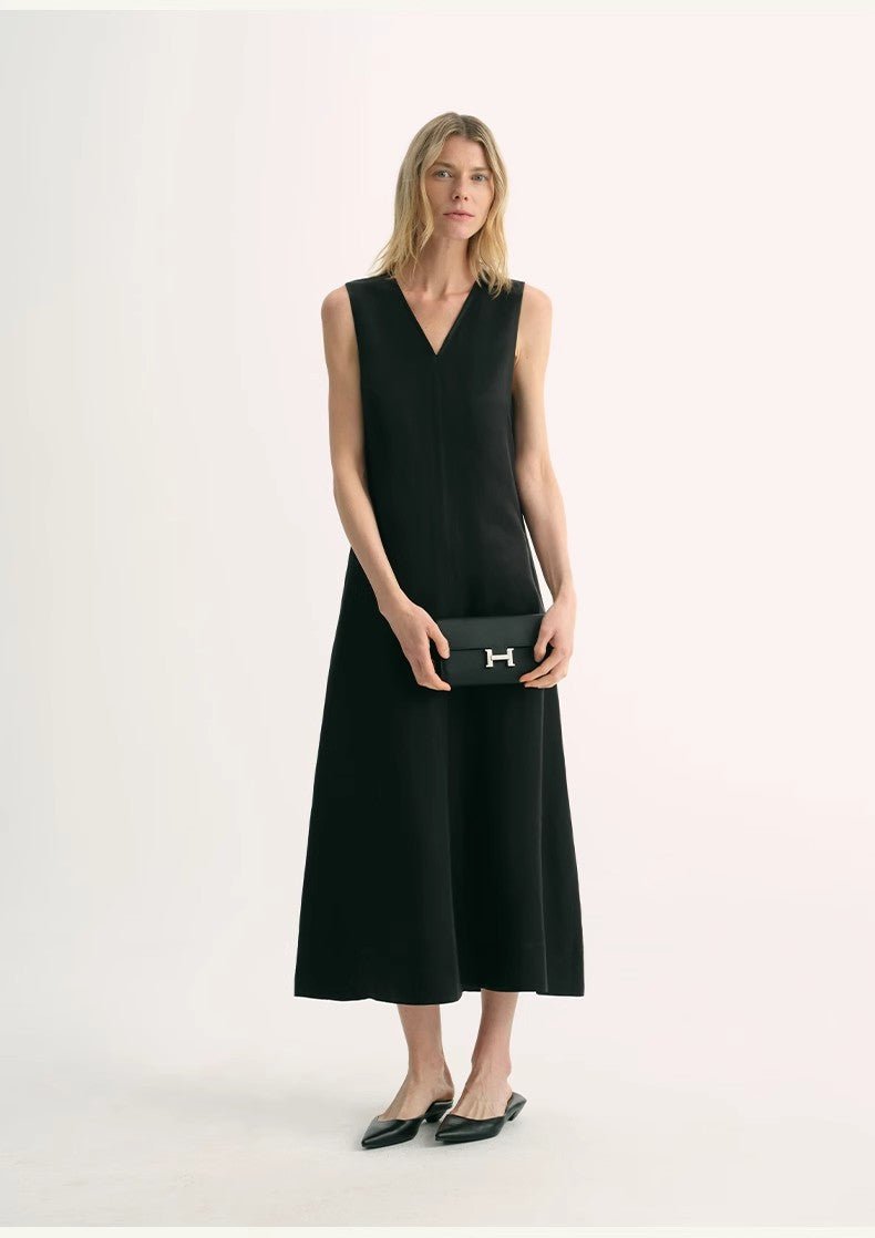 Firelady Fur women's lightweight V-neck sleeveless A-line dress with textured cupro linen, anti-wrinkle, and zero-pressure design.