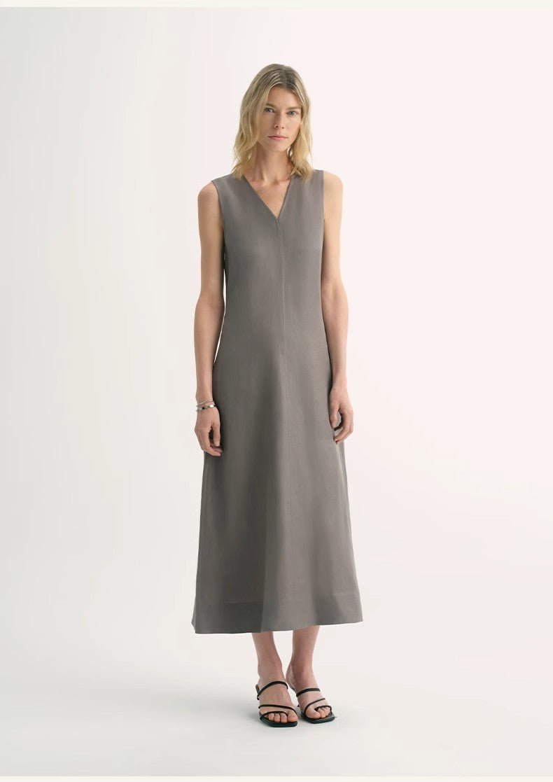 Firelady Fur women's sleeveless V-neck A-line dress with lightweight, textured cupro linen fabric and anti-wrinkle design.