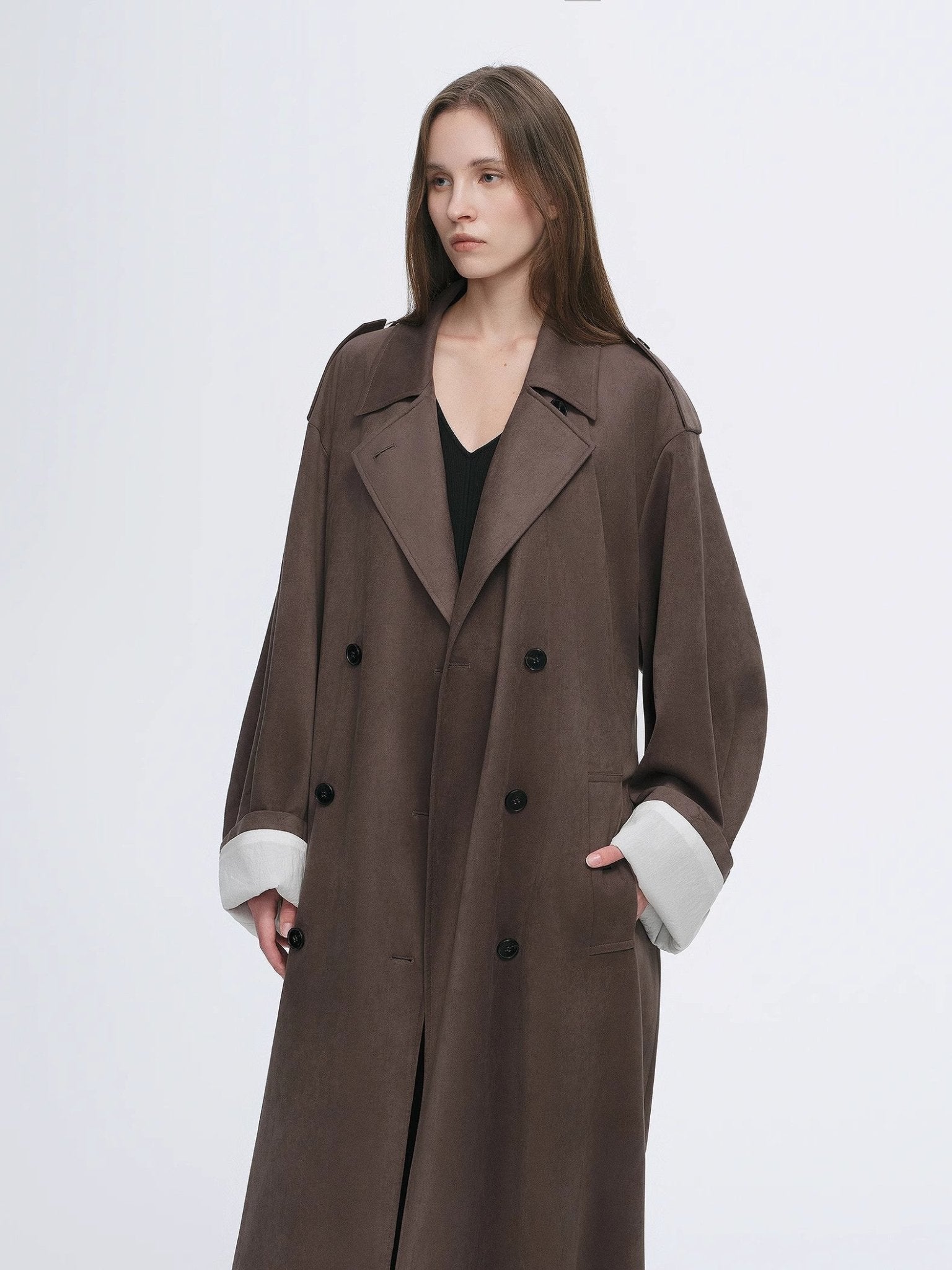 Firelady Fur Line Walker double-breasted women's trench coat in matte micro velvet with a straight, long silhouette.