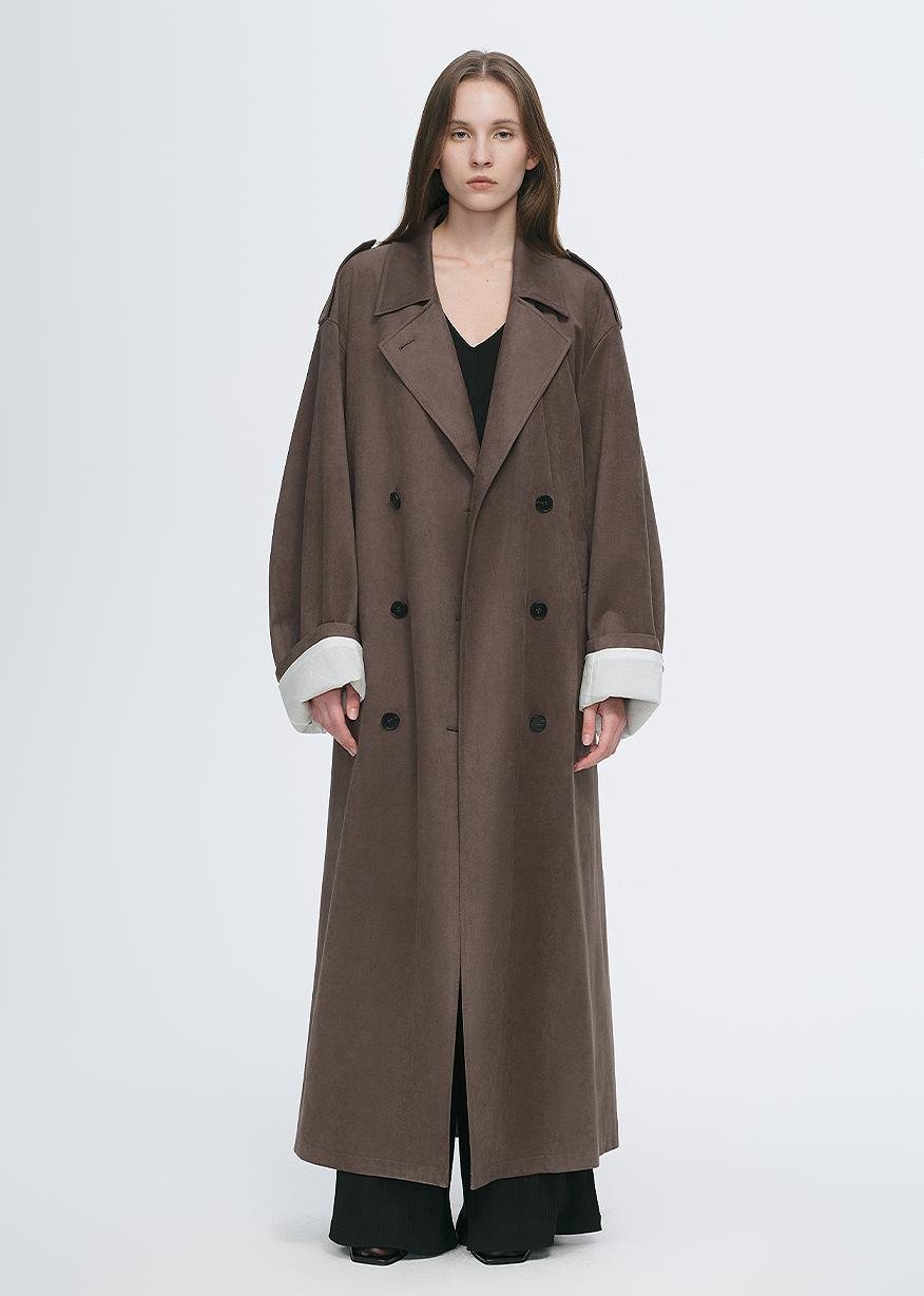 Firelady Fur Line Walker double-breasted women's trench coat in matte micro velvet with a sleek, elegant, straight design.