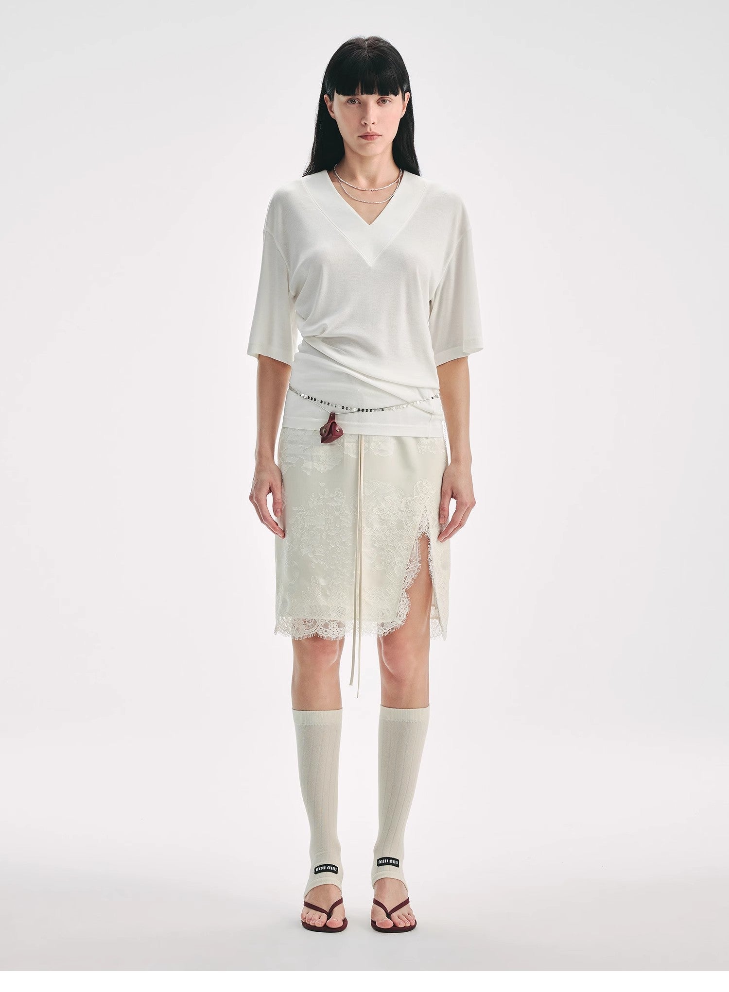 Women's Firelady Fur Lingering Soft Light lace skirt with paneled design, irregular lace pattern, straight cut, and split detail.