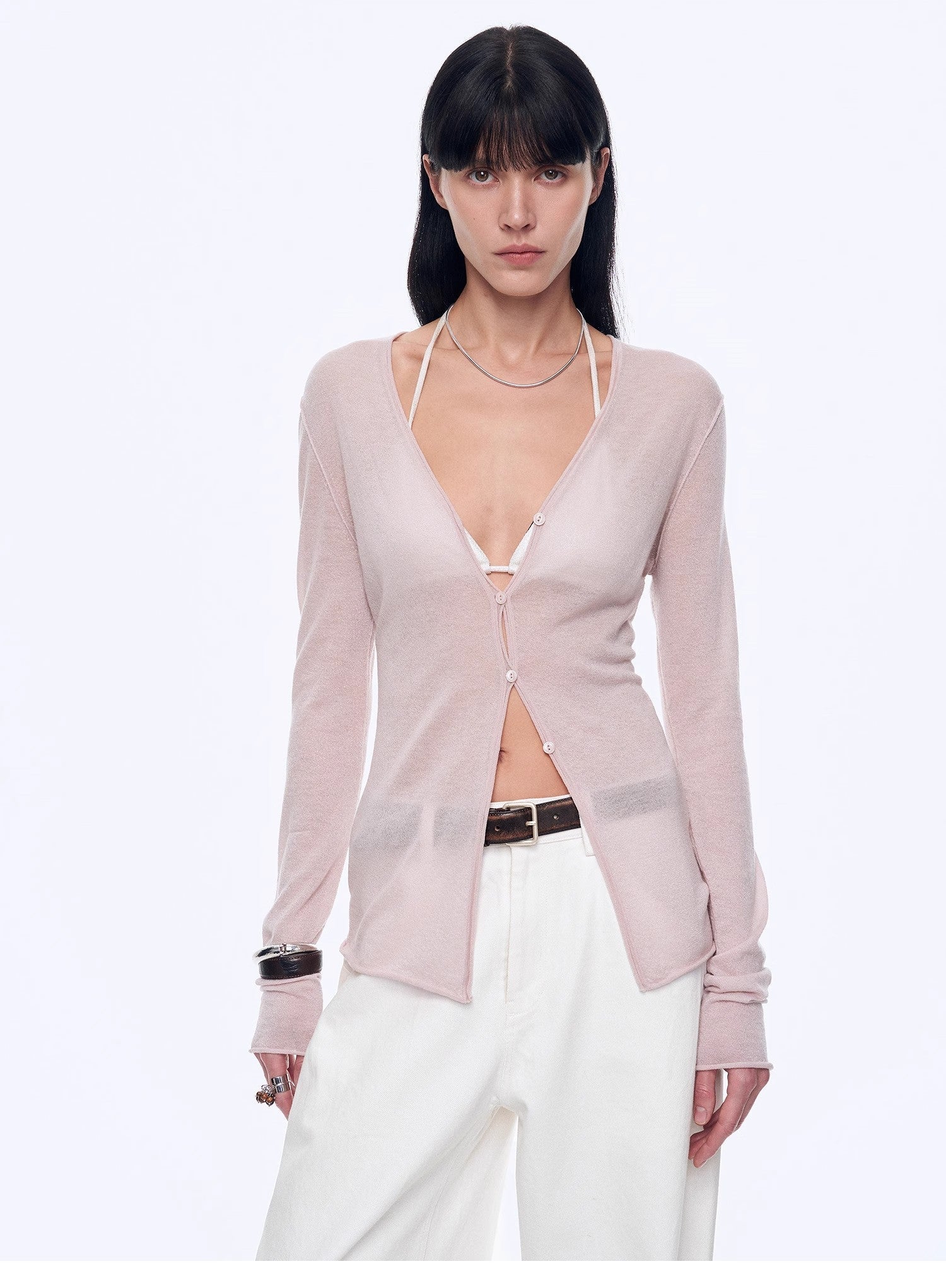 Firelady Fur Long Island Vacation wool knitted cardigan with v-neck and straight shoulders, perfect for spring wear.