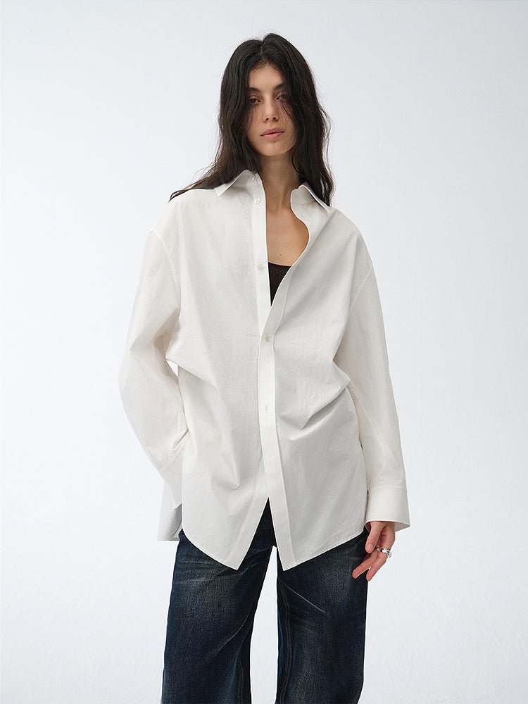 Firelady Fur Moonlight Vermilion shirt with a loose, casual fit and deconstructed style, shown on a standing silhouette.