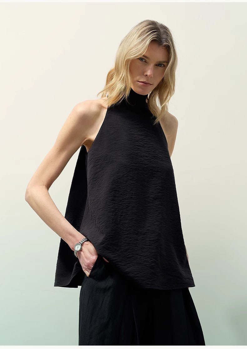 Mulberry silk sleeveless vest by Firelady Fur featuring a high collar, wrinkle-resistant fabric, and an A-line silhouette for women.