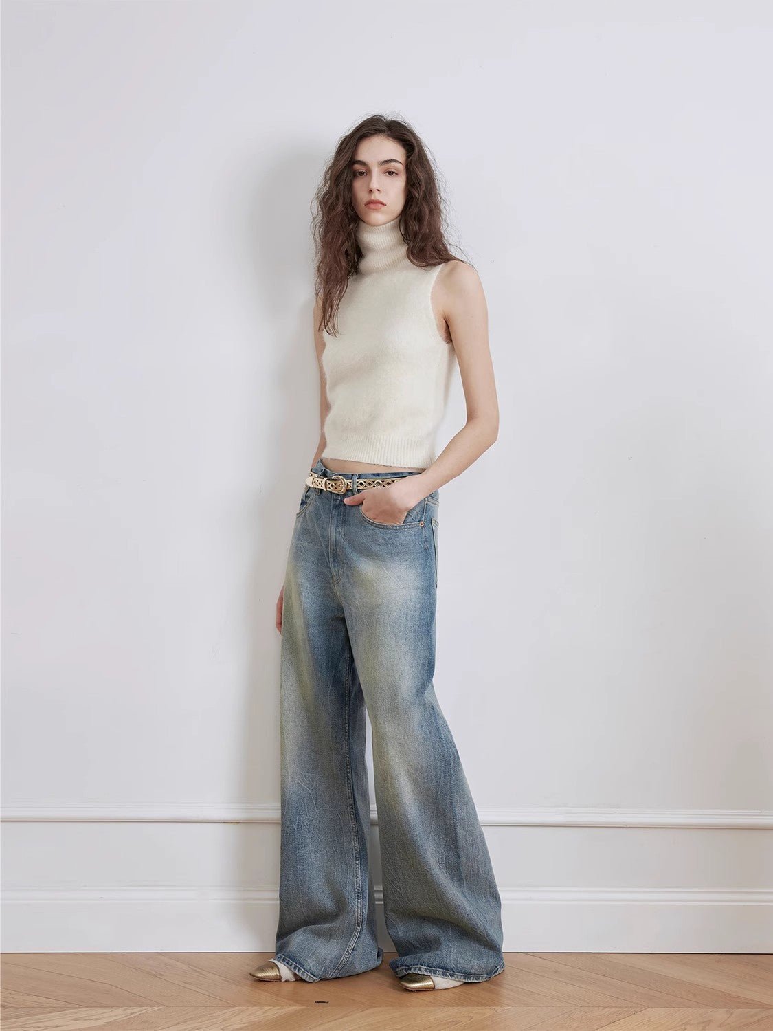 "Magic Dream" Retro Modern Washed Chicken Claw Wrinkled Jeans Women's Spacious Straight Wide Leg Pants-0