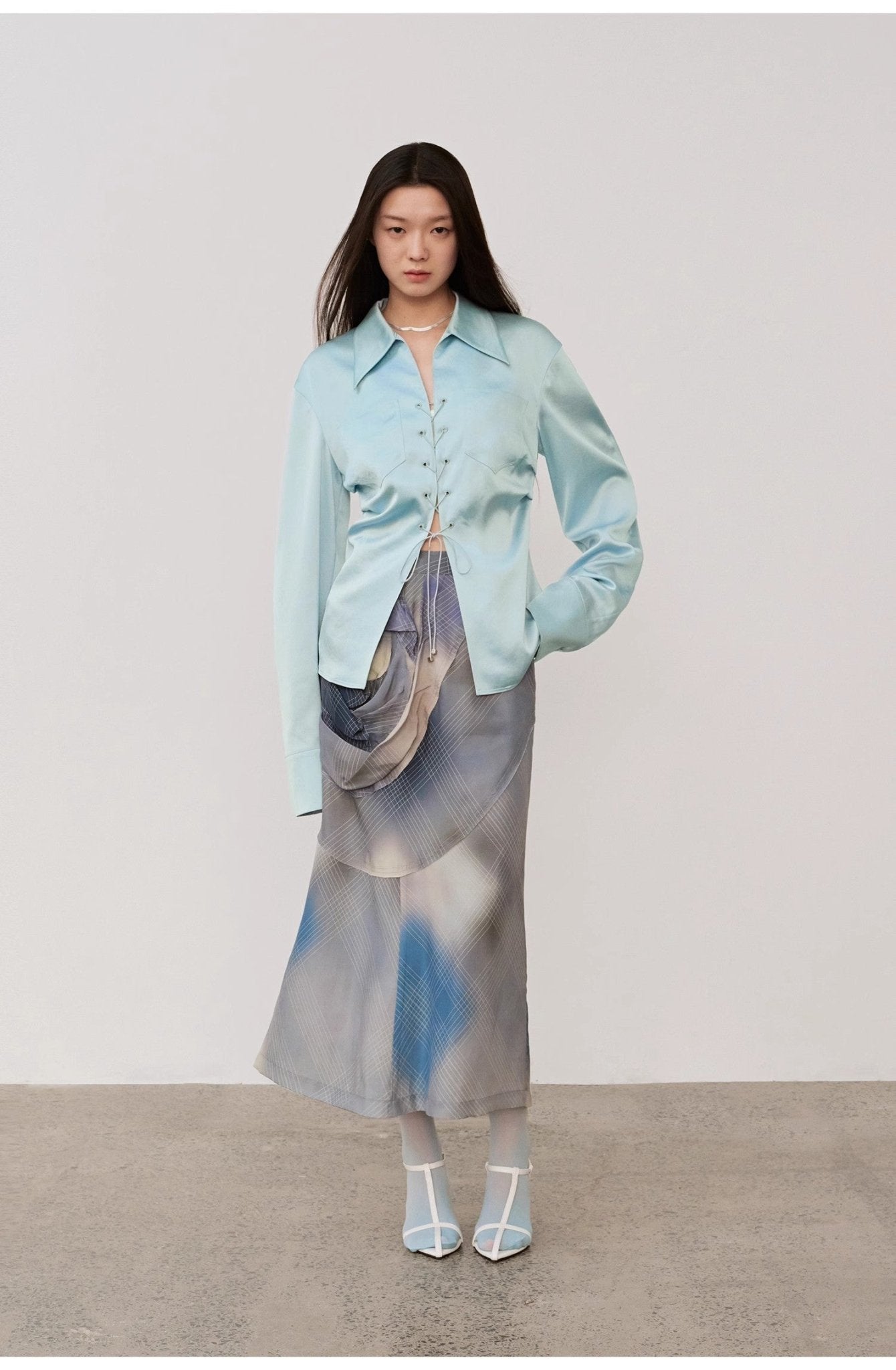 Firelady Fur Mercerized Spring Shadow Acetate Pleated Shirt, women's long-sleeve top with hollow string details and slimming fit.