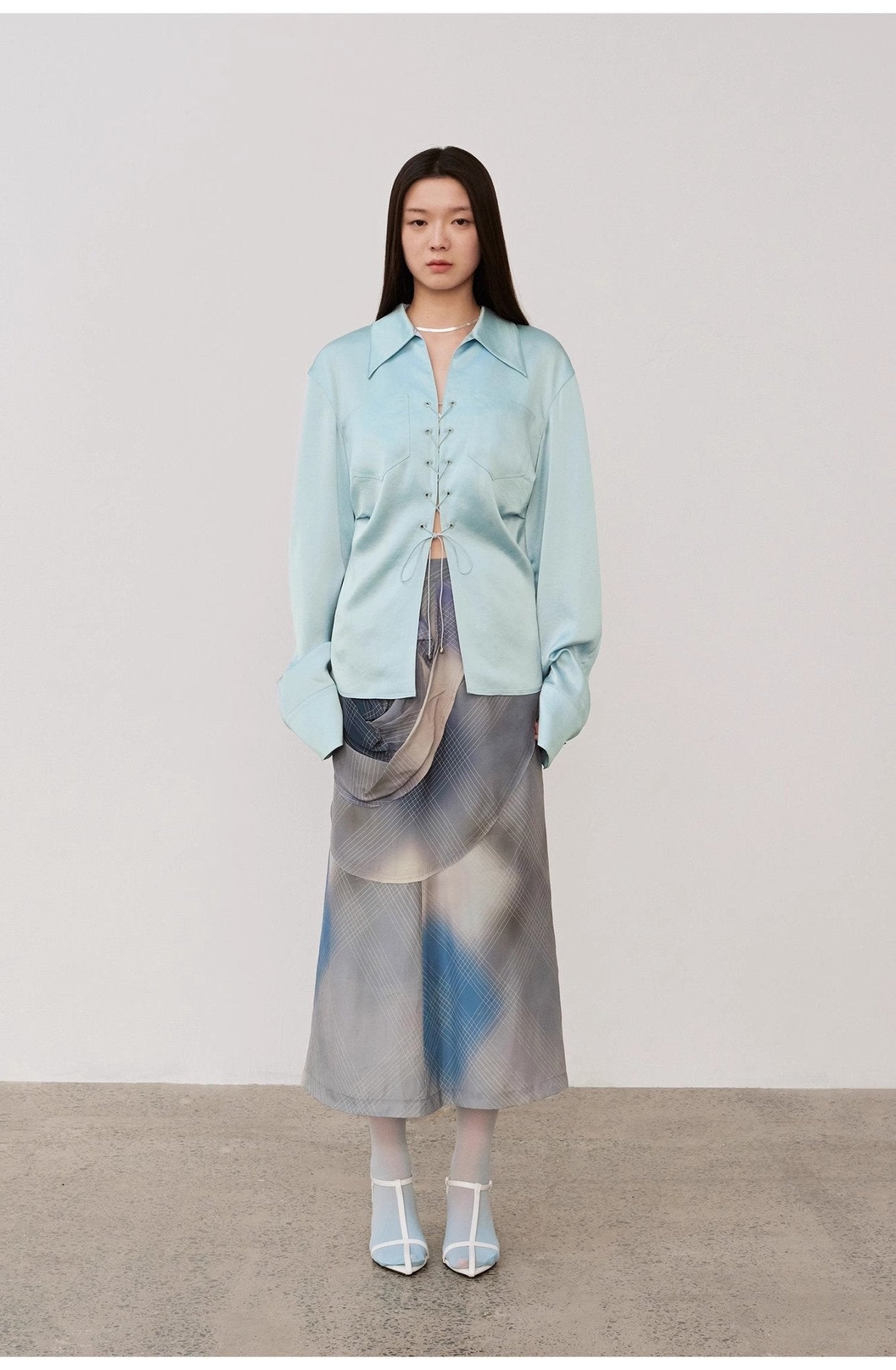 Firelady Fur Mercerized Spring Shadow Acetate Pleated Shirt, long-sleeve top with hollow string detail and slim fit for women