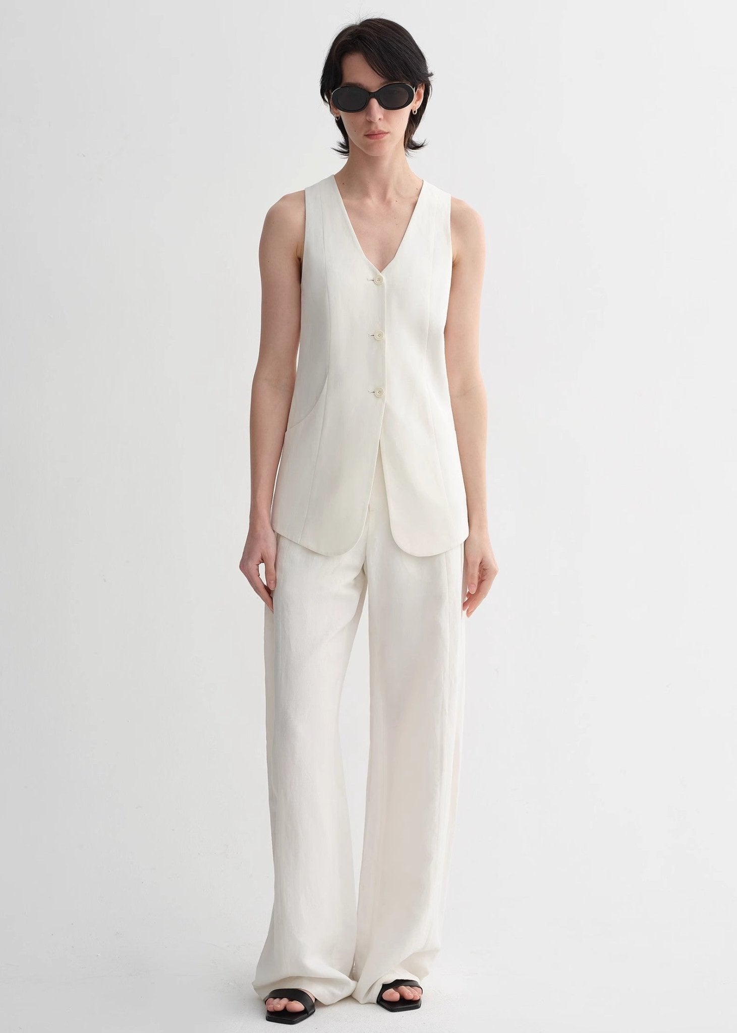 Mulberry silk linen V-neck vest and summer suit for women by Firelady Fur, featuring lightweight, elegant women's outfit.