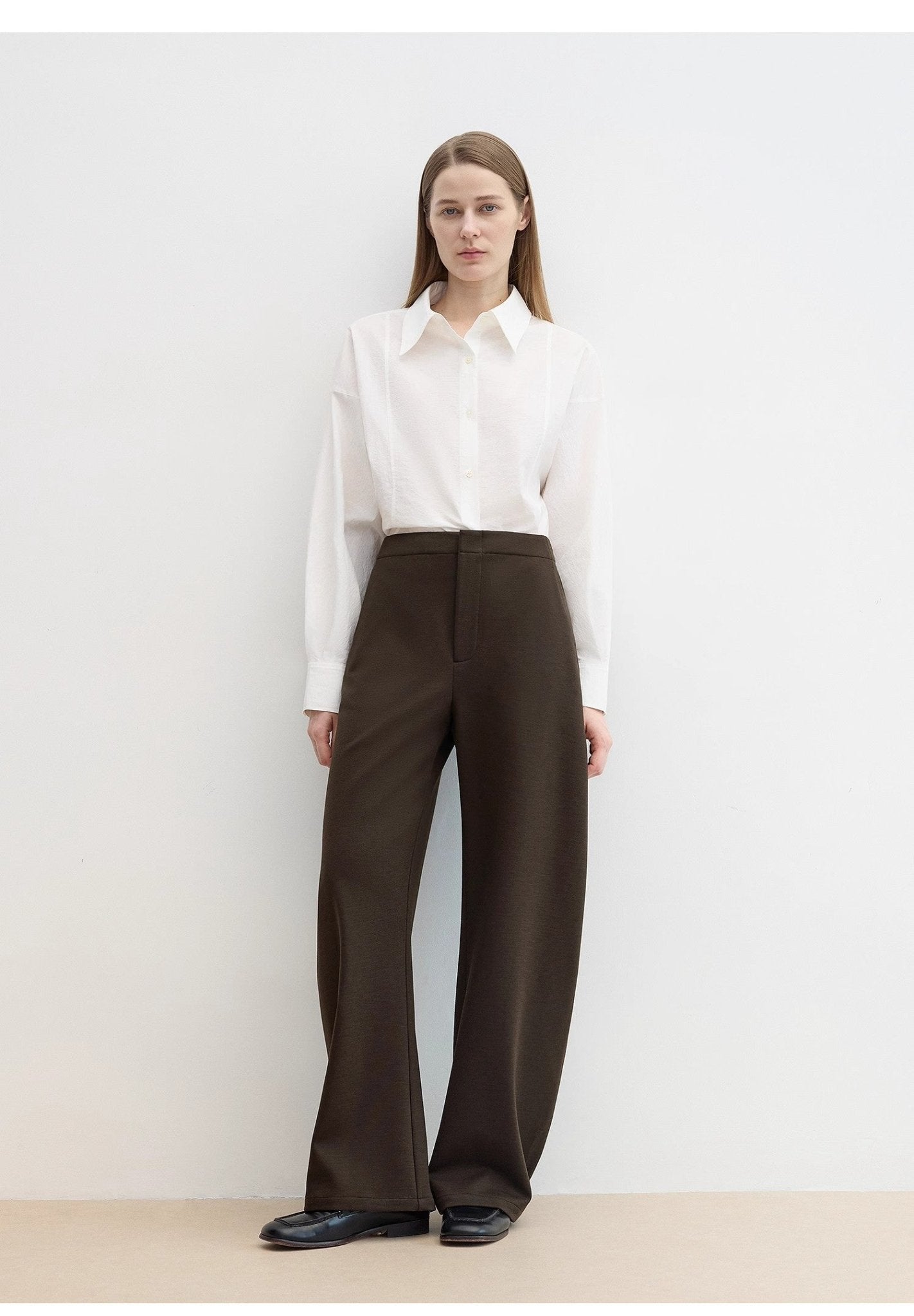 Firelady Fur Nostalgic Stroll Wool Pants for women, high-waist, curved hem, casual wool-blended pants with vintage-inspired style.
