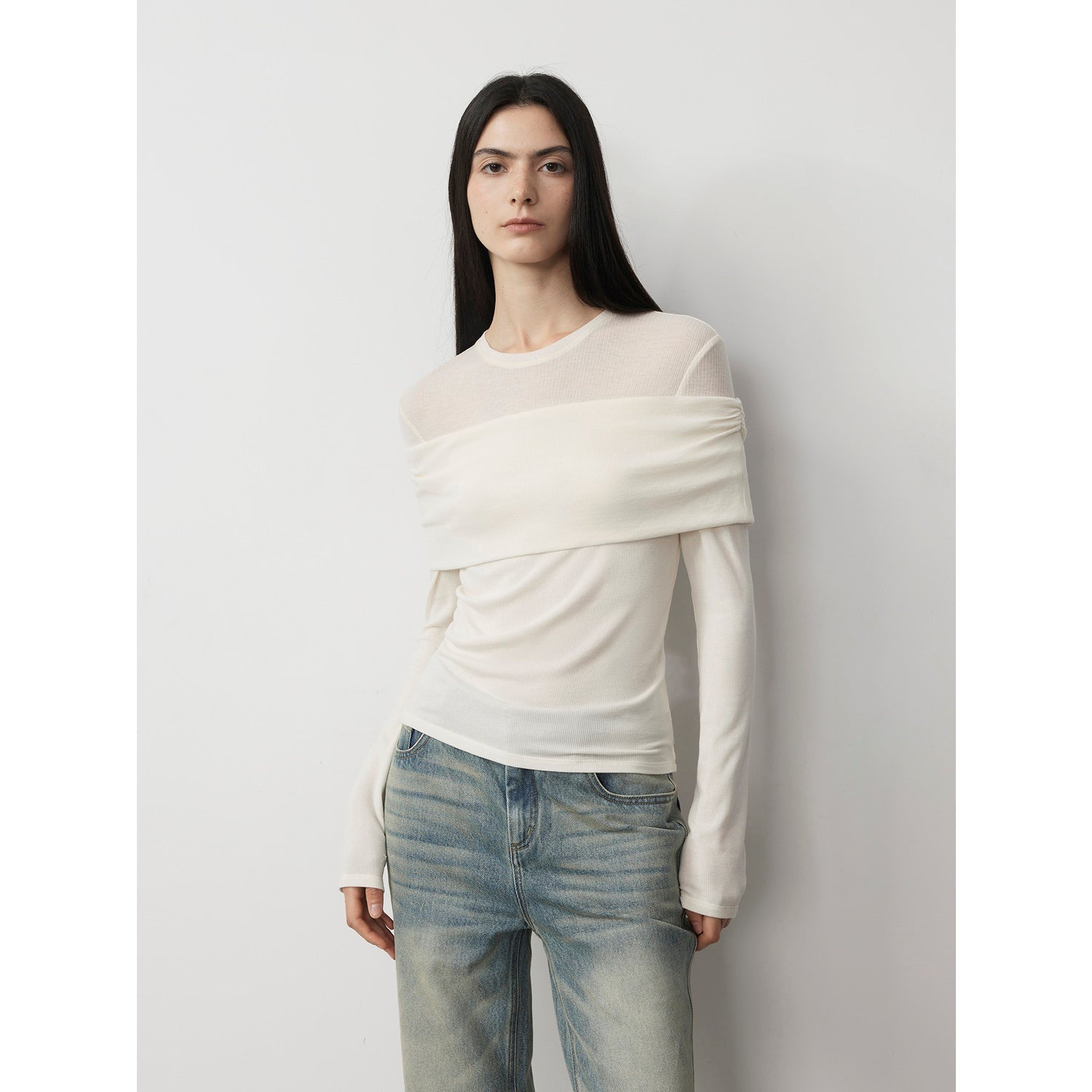 Firelady Fur Wool Tencel knitted top with layered splicing, one-shoulder design, versatile modern style, featuring cozy textured fabric.