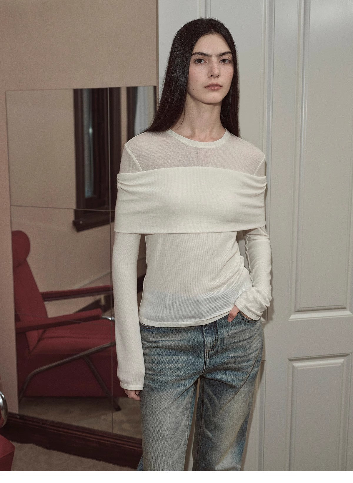 Firelady Fur Wool Tencel knitted top featuring layered design, one-shoulder style, versatile fit, modern cozy knitwear.