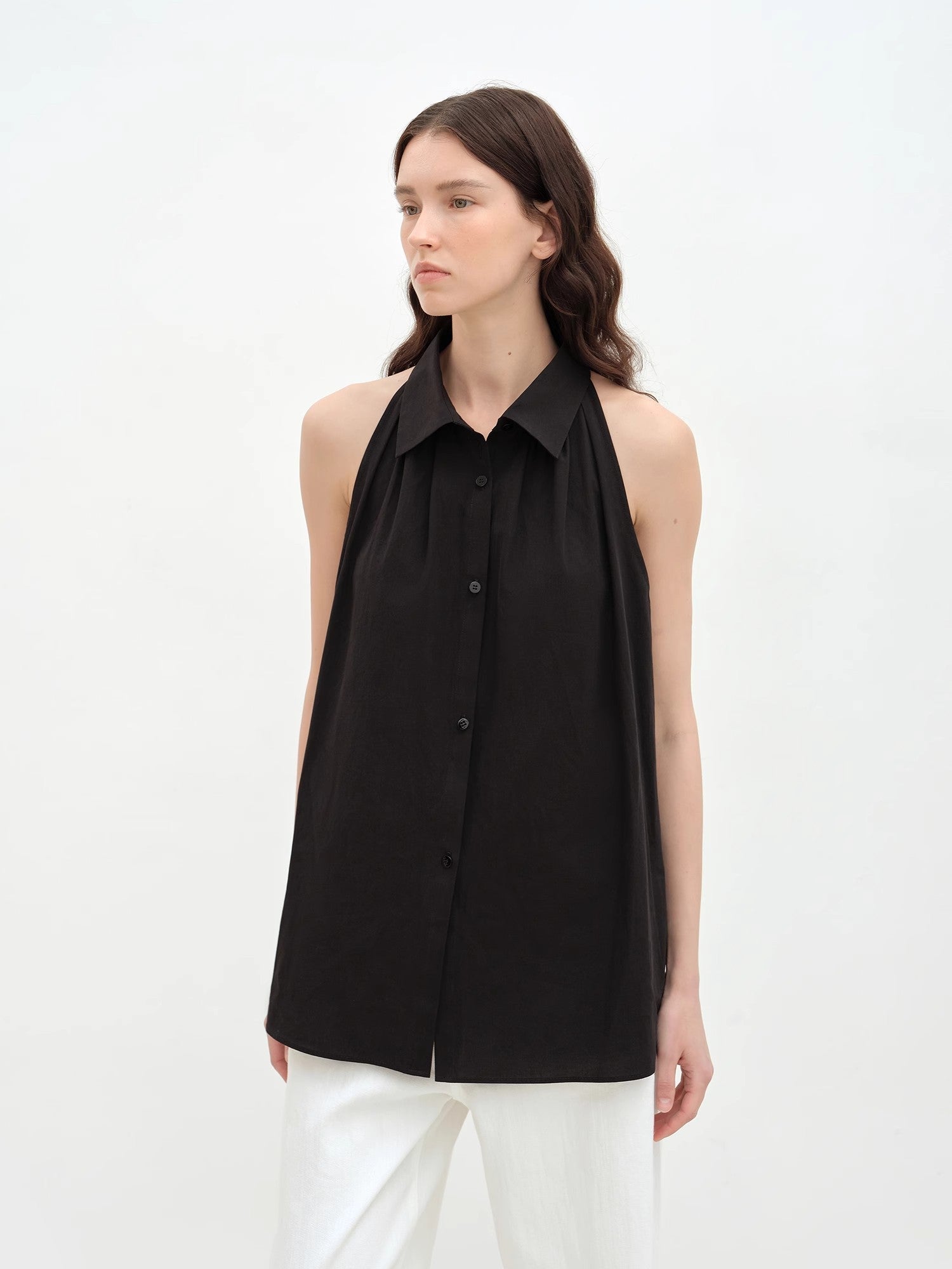 Firelady Fur Poland Island cotton sleeveless stand collar shirt with striped design, perfect for women’s casual or stylish wear.