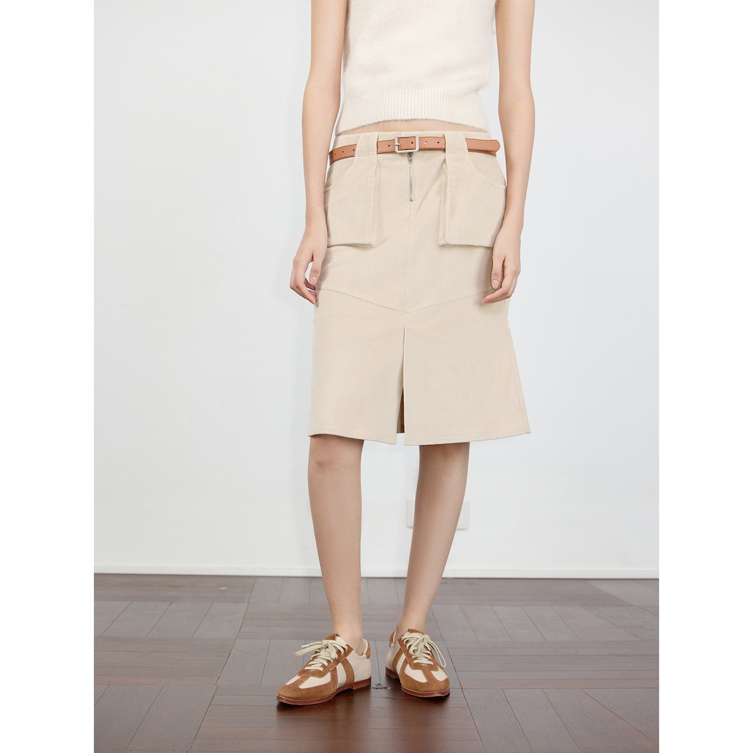 "Postcard Memory" Retro corduroy design front slit workwear fishtail skirt-4