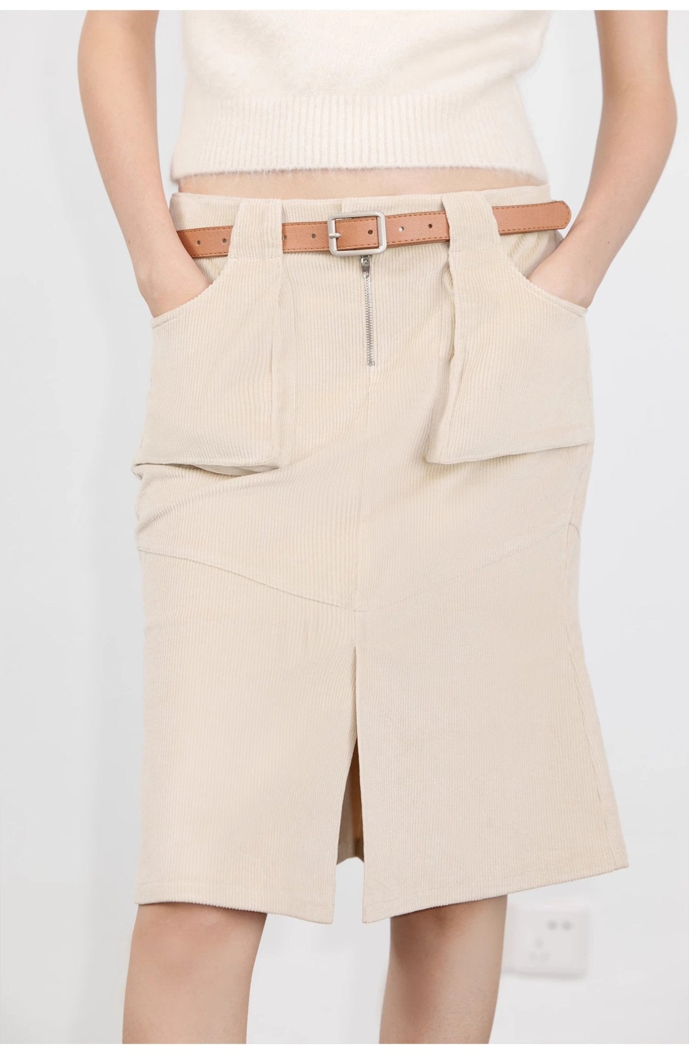 "Postcard Memory" Retro corduroy design front slit workwear fishtail skirt-1