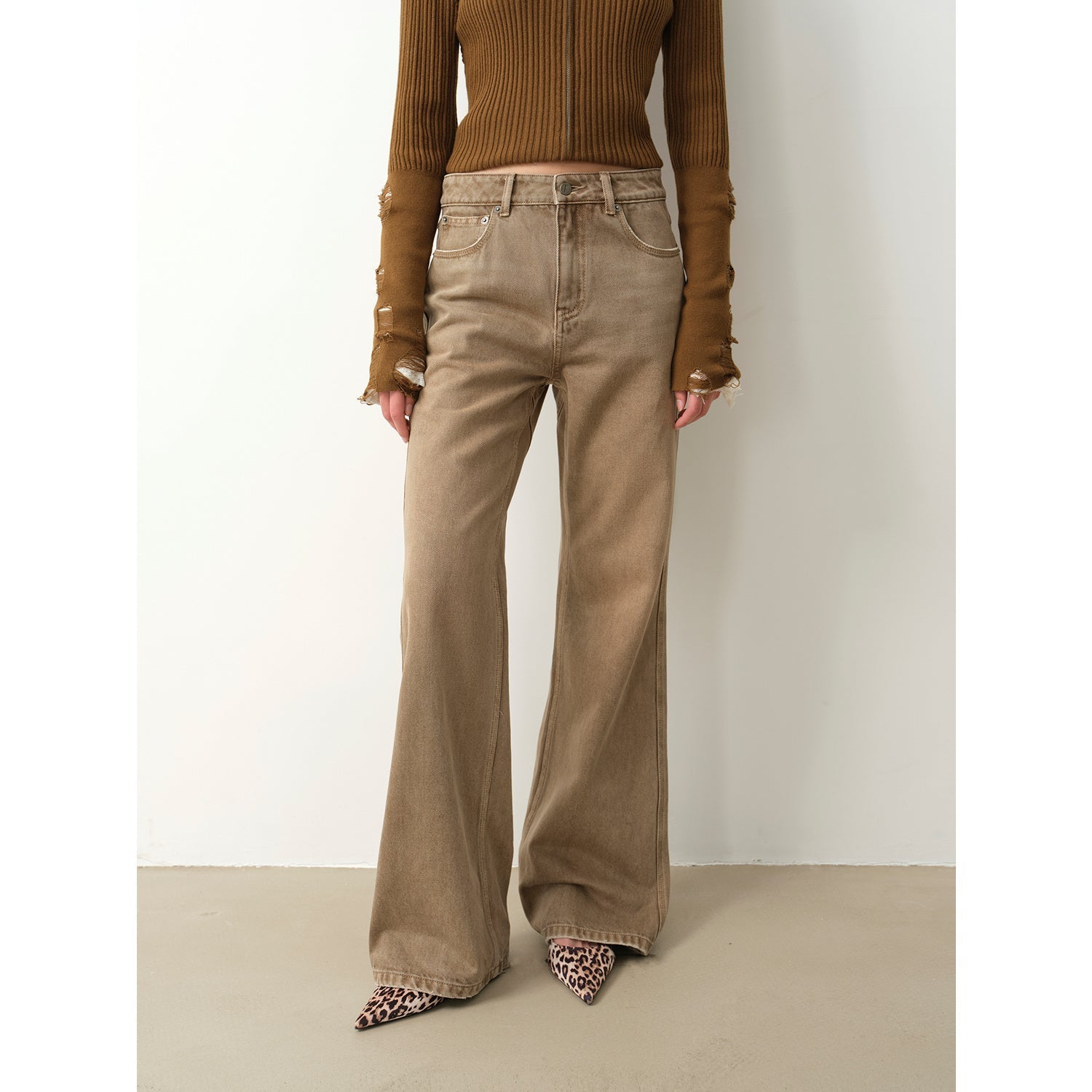 Women’s vintage flared jeans by Firelady Fur featuring washed retro Japanese fabric and a loose, stylish fit.
