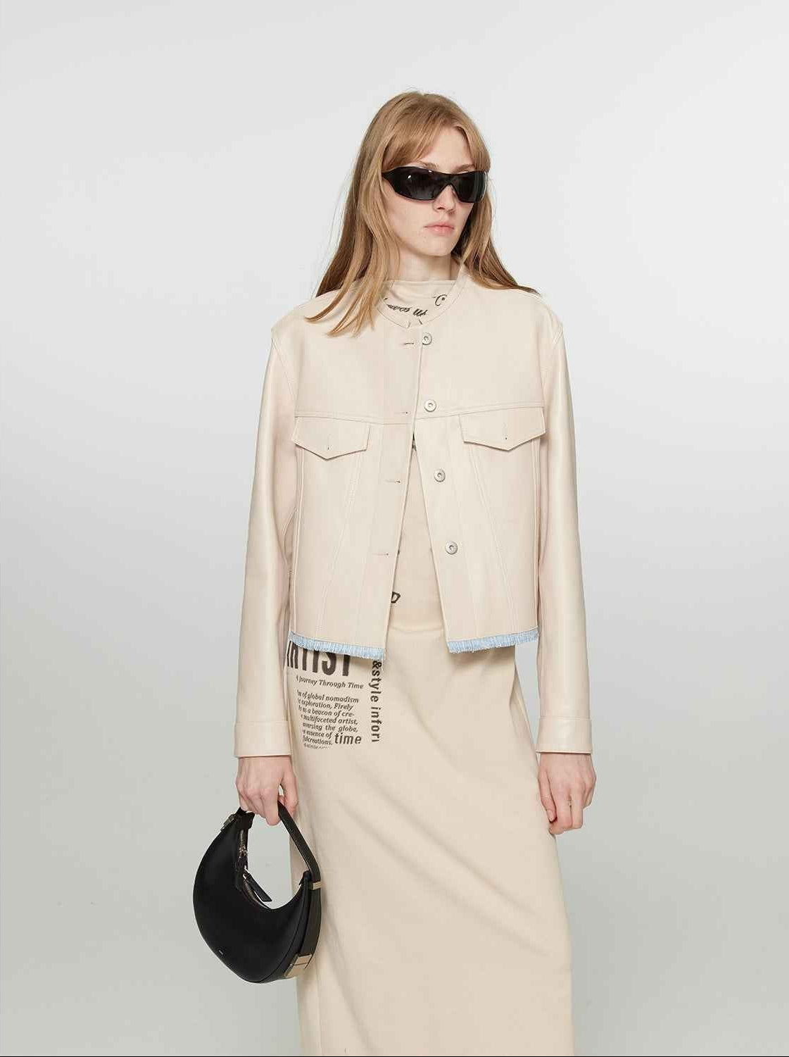 Retro Suede Sheep Leather Short Jacket with Structured Shoulders and Round Neck, Genuine Leather Outerwear "Sunset Escape"