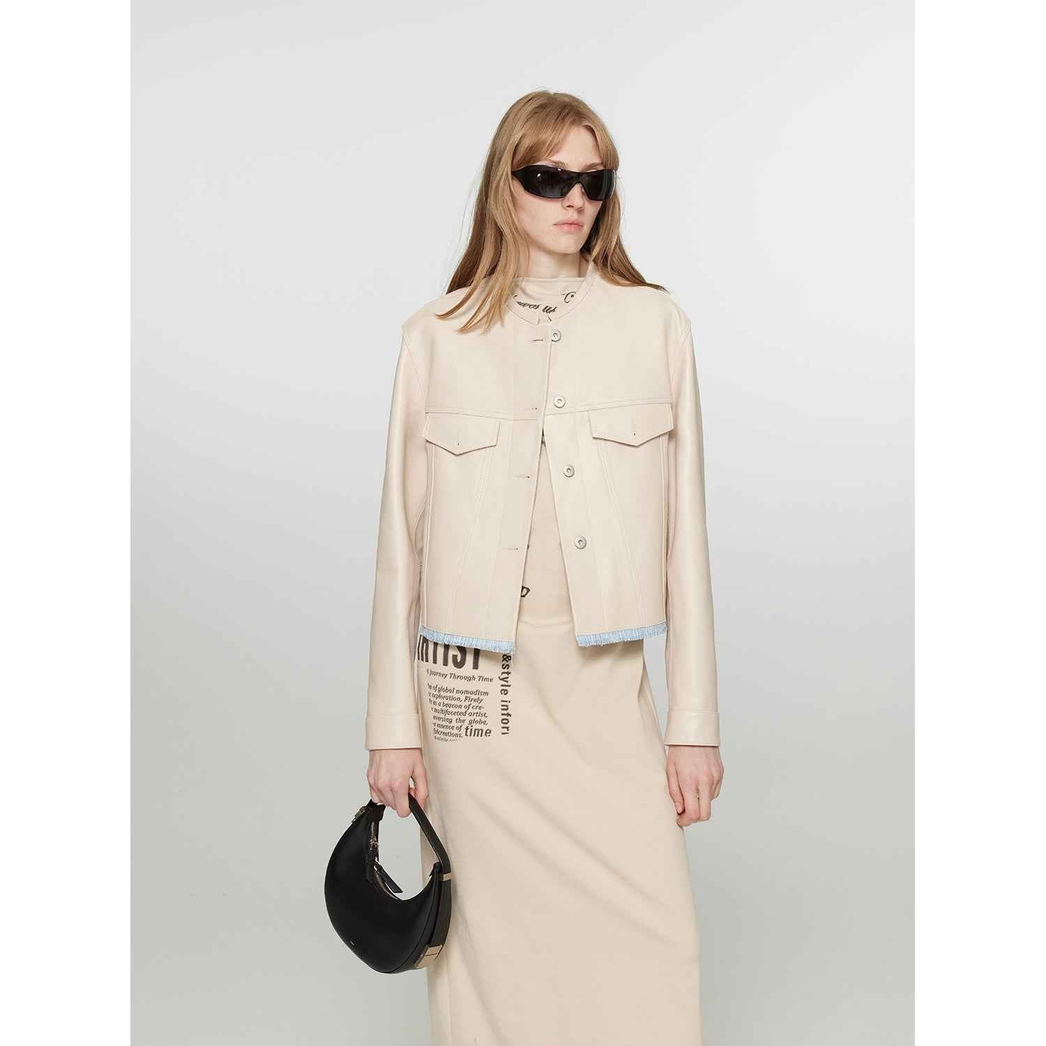 Women's retro suede sheep leather short jacket with structured shoulders and round neck by Firelady Fur, genuine leather outerwear.