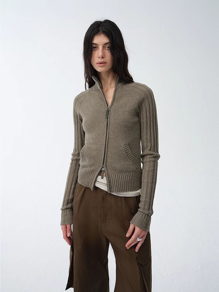Firelady Fur Senna Melody Merino Wool and Cotton Knit Cardigan top, oblique placket, zipper detail, cozy women's knitwear.