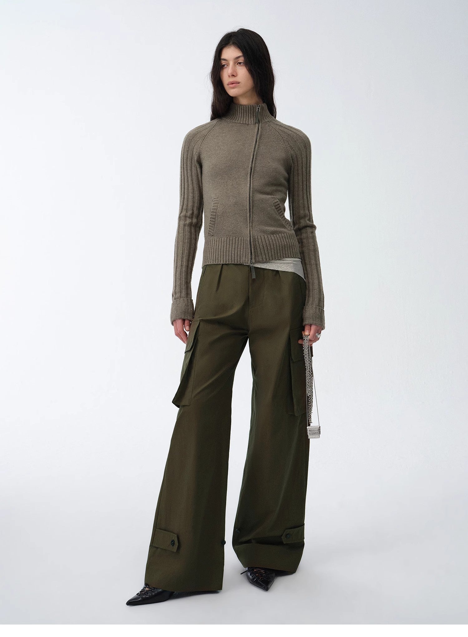 Firelady Fur Senna Melody Merino Wool and Cotton Knit Cardigan top with oblique placket, zipper, lightweight and cozy for women