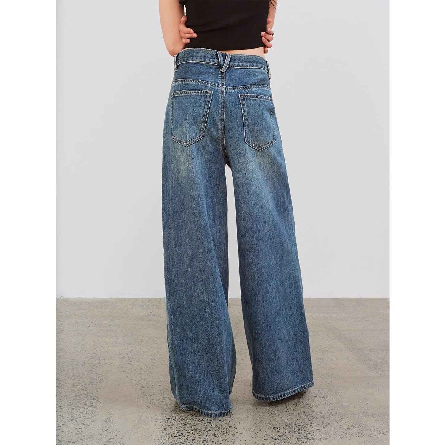 "Silent Deep Sea"Washed Vintage Blue Straight-leg Workwear Jeans for Women, Loose Wide-leg High-waisted Pants-4