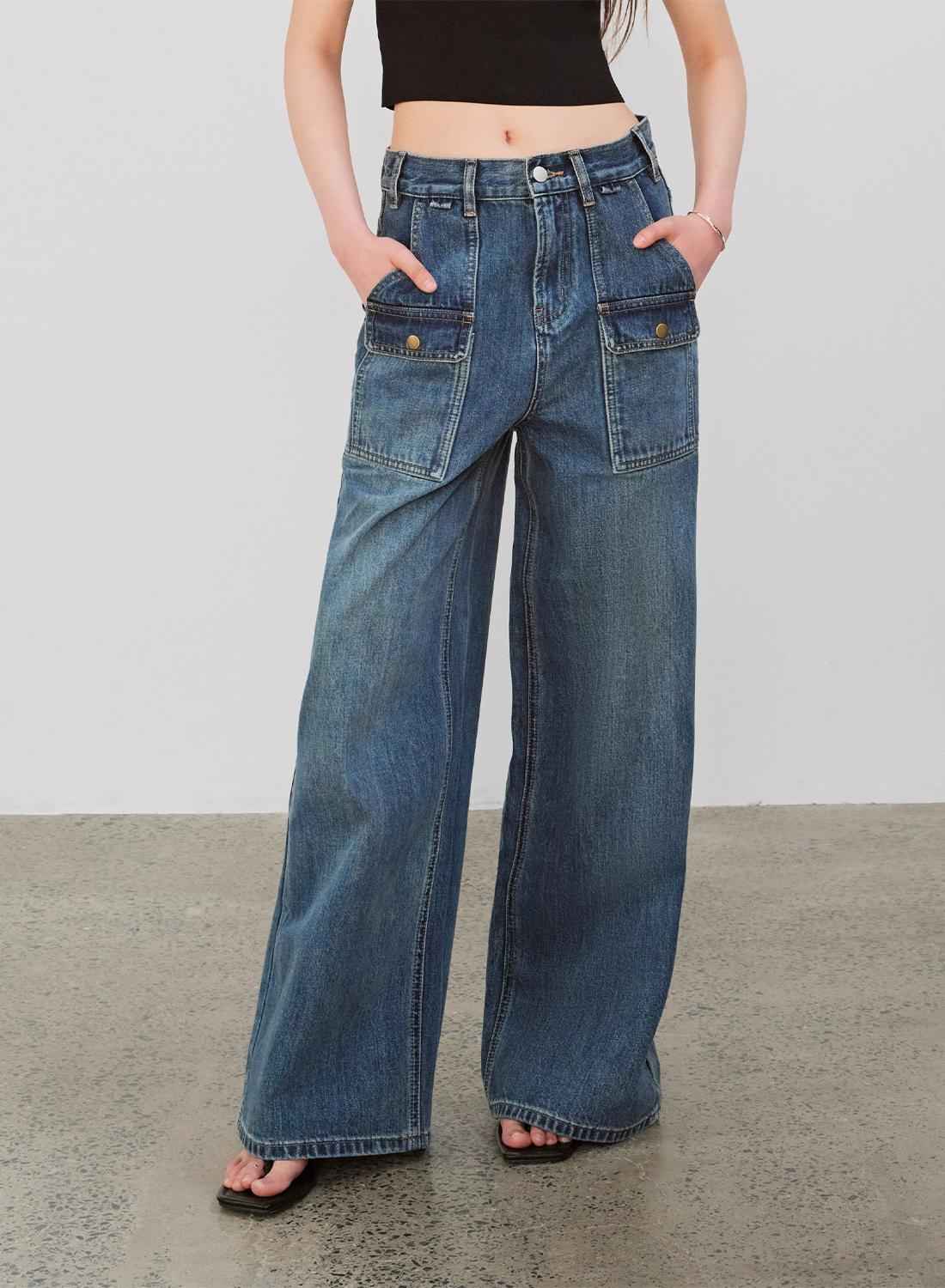 "Silent Deep Sea"Washed Vintage Blue Straight-leg Workwear Jeans for Women, Loose Wide-leg High-waisted Pants-5