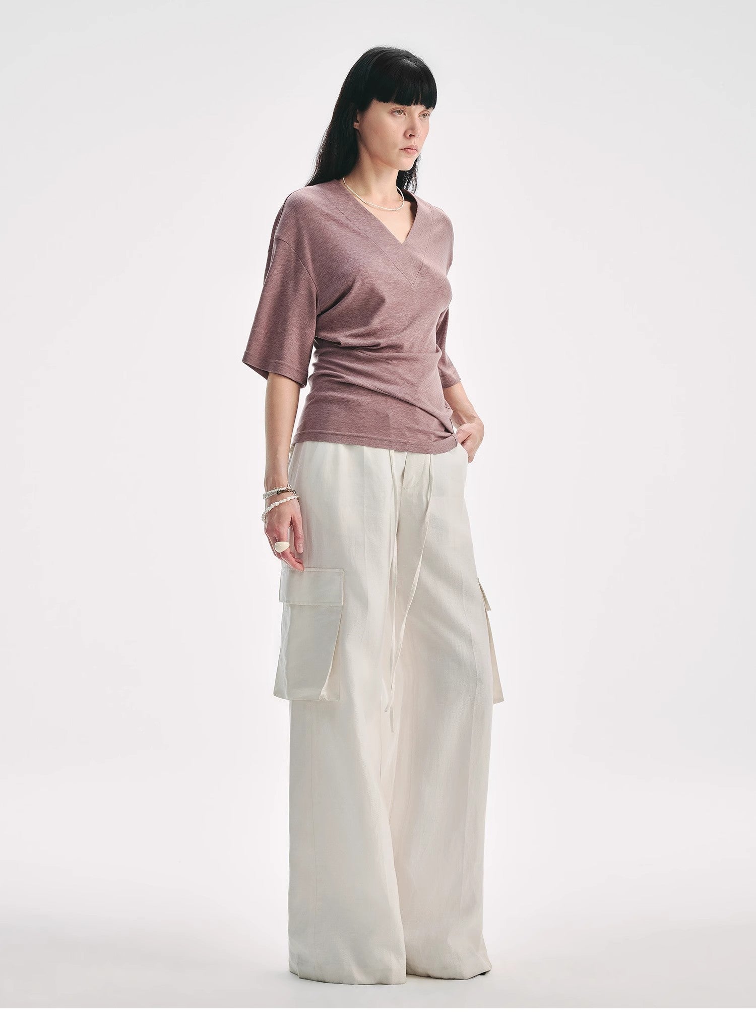 Women's Silk Tencel V-Neck Pleated Shirt by Firelady Fur, with loose fit, dropped shoulders, and elegant pleats.