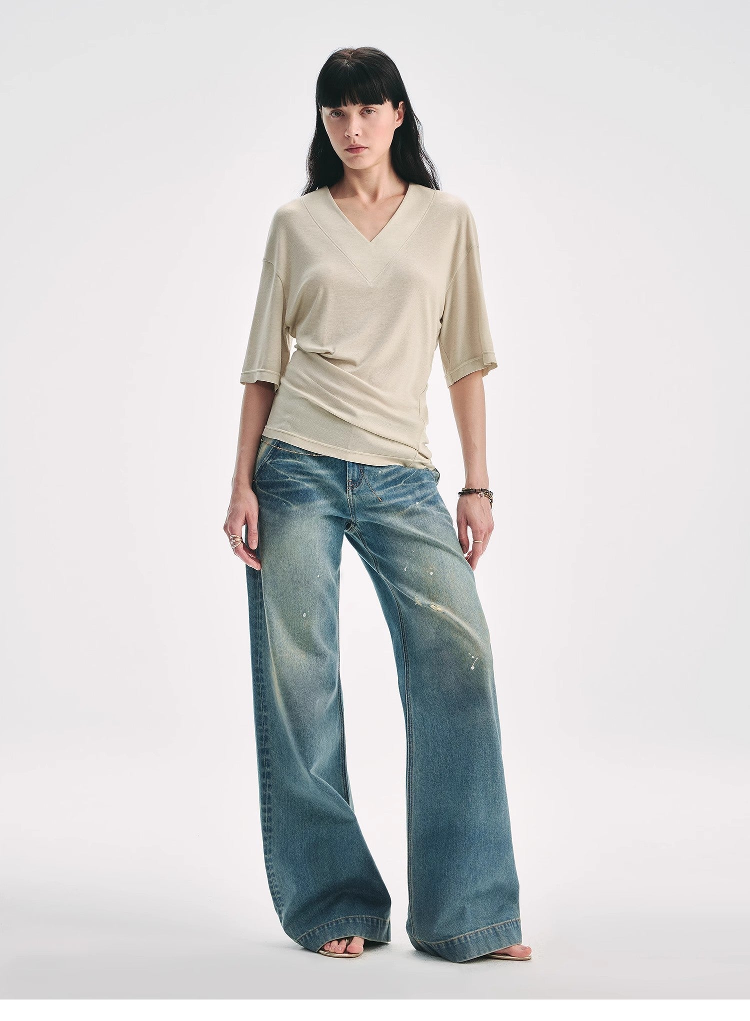 Women’s silk Tencel V-neck pleated shirt with dropped shoulders and loose fit, by Firelady Fur.