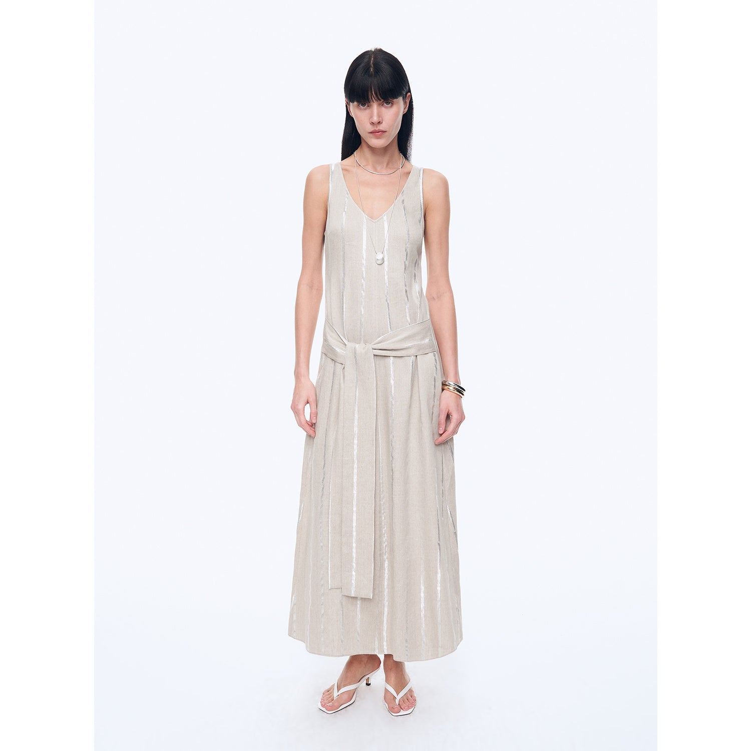 Silver Striped Linen V-Neck Drape Dress"Milan Holiday"-0