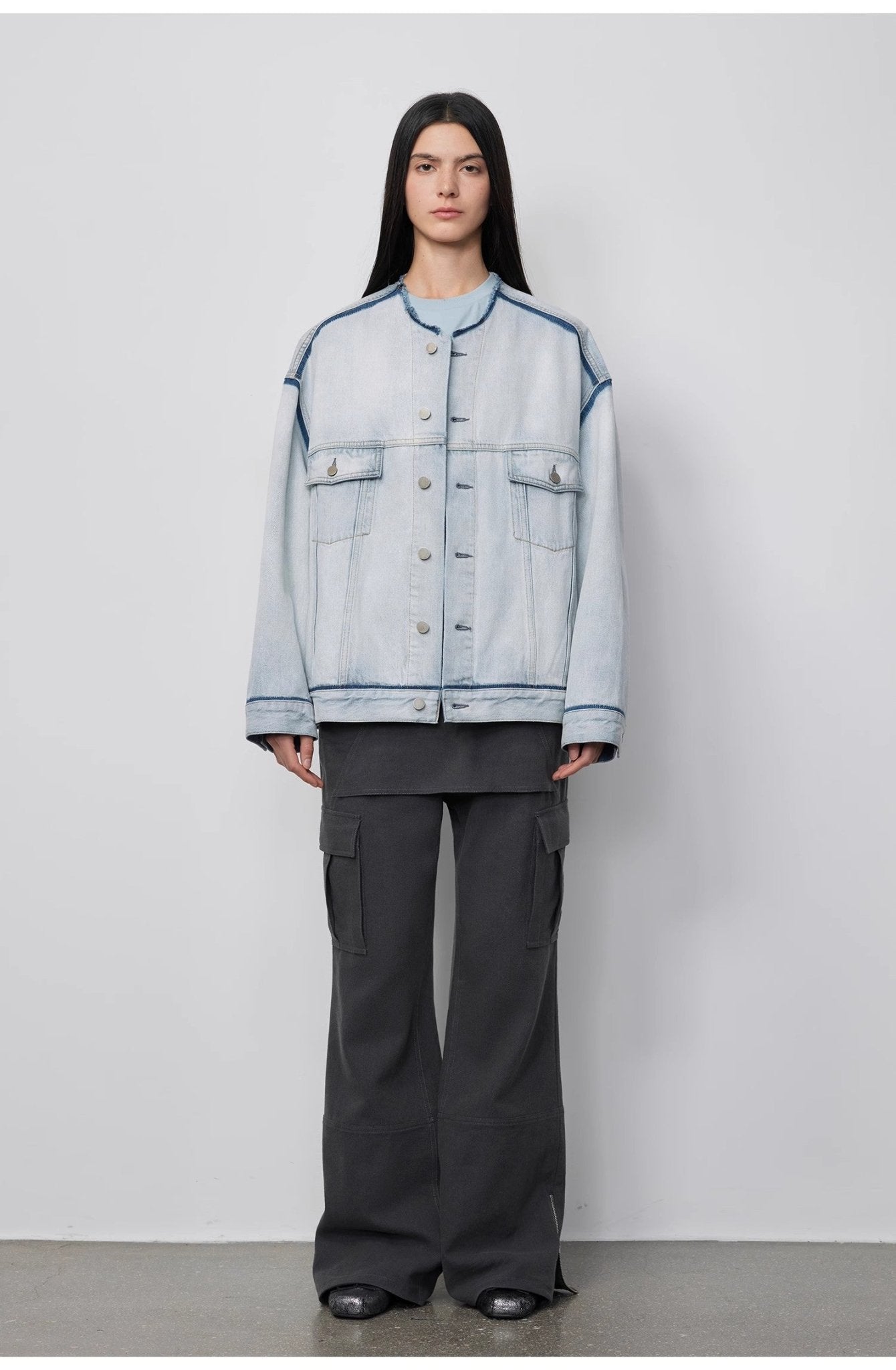 Firelady Fur women's denim jacket with collarless design, raw edges, washed cotton fabric, featuring a starry sky market pattern.
