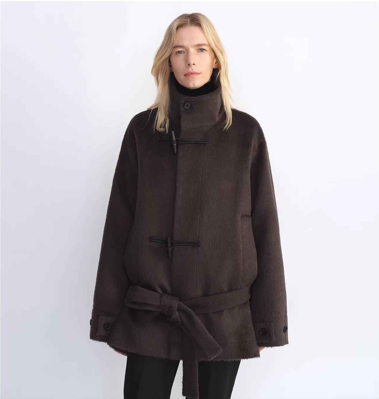 THE ARTM Women's Alpaca Wool Blend Stand Collar Short Coat "Elegant Warmth"-4