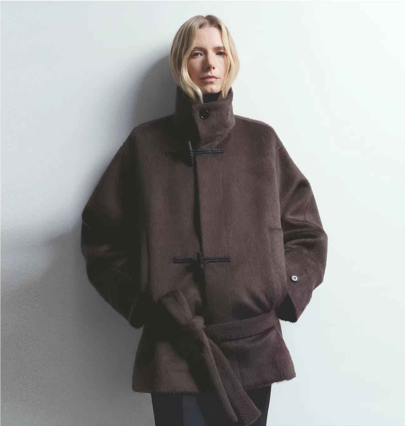 THE ARTM Women's Alpaca Wool Blend Stand Collar Short Coat "Elegant Warmth"-3