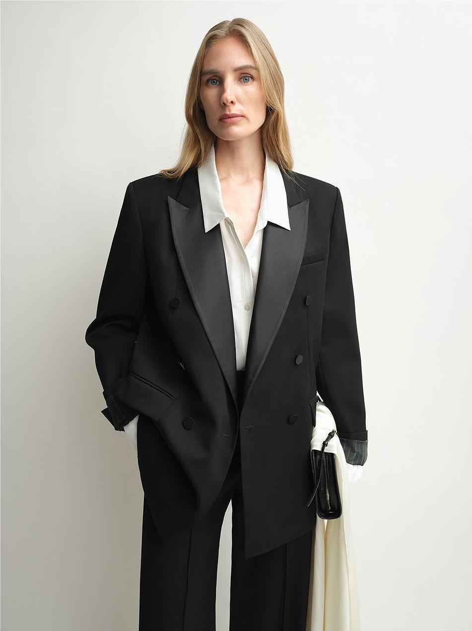 THE ARTM Women's Double-Breasted Wool Blazer - Peak Lapel Tuxedo Jacket-1