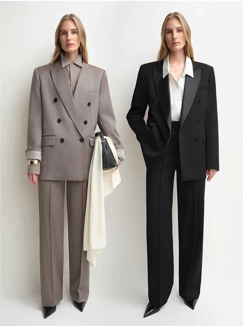 THE ARTM Women's Double-Breasted Wool Blazer - Peak Lapel Tuxedo Jacket-4