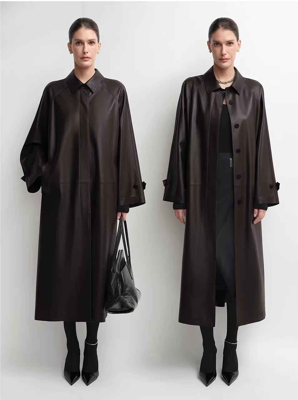 Firelady Fur women's lambskin leather A-line trench coat with raglan sleeves, stylish and fitted for a sleek look.