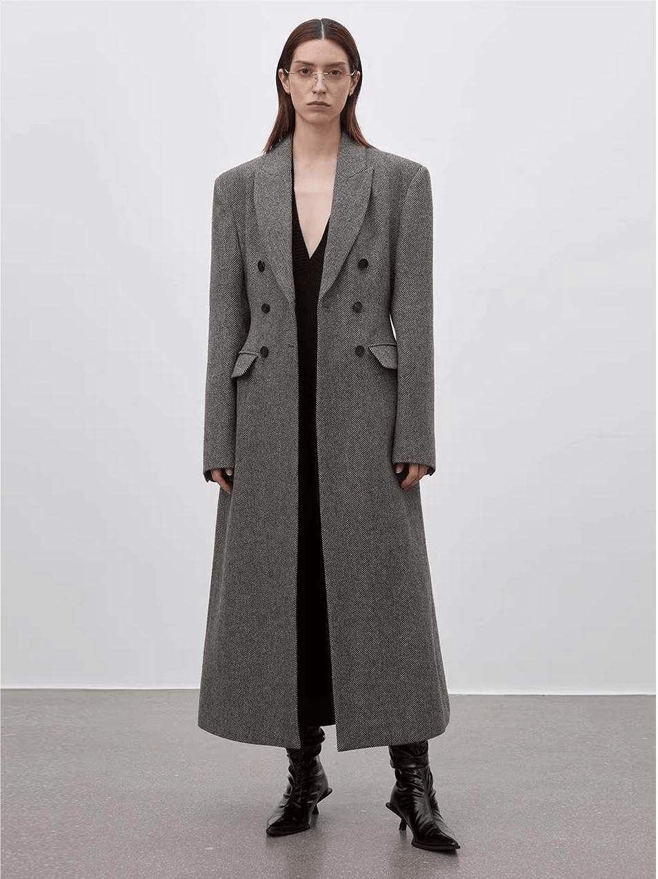 Women's wool double-breasted herringbone blazer with structured shoulders by Firelady Fur, stylish and tailored for a sophisticated look.