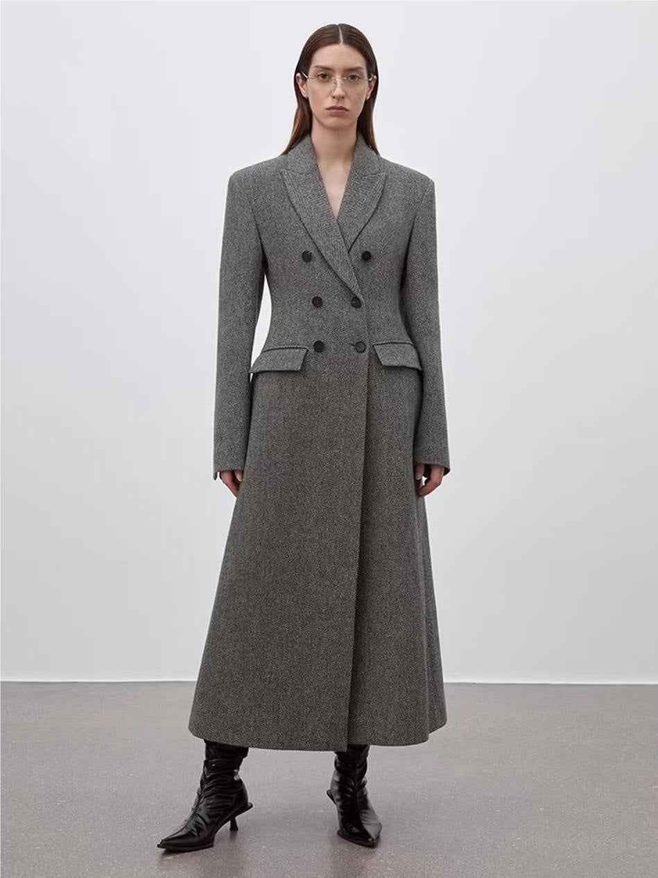 Firelady Fur women's wool double-breasted herringbone blazer with structured shoulders, tailored fit, and classic design.