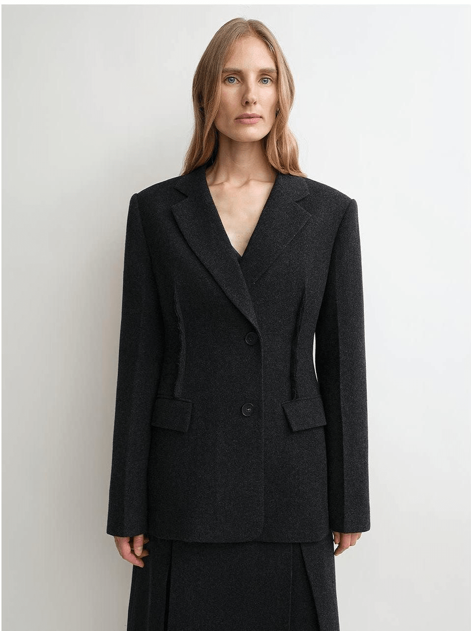 Wool A-Line blazer and matching skirt set by Firelady Fur, fitted women's blazer with classic A-line silhouette and tailored fit.