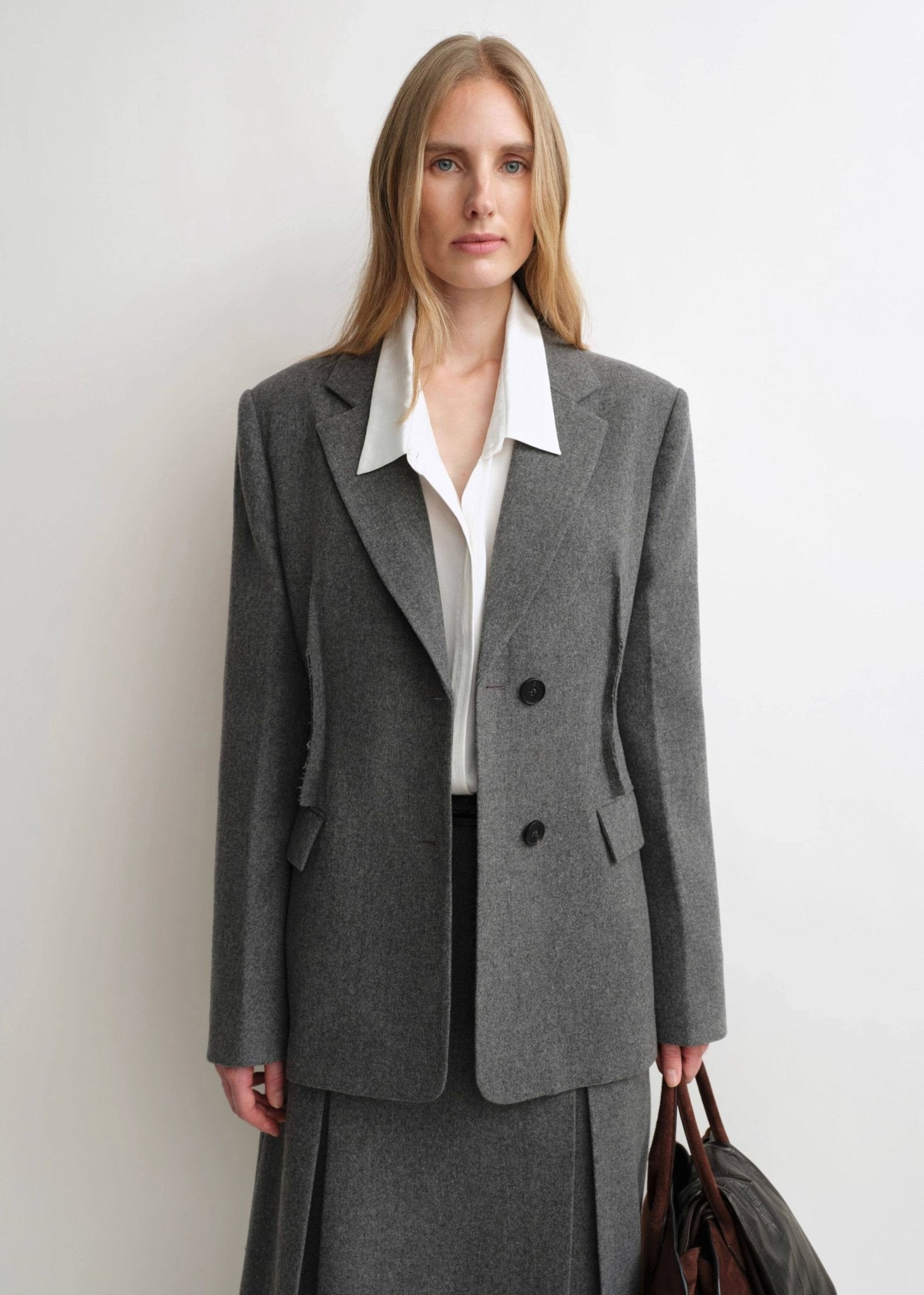 Firelady Fur wool A-line blazer and matching skirt suit set for women, featuring a fitted blazer and stylish A-line skirt.