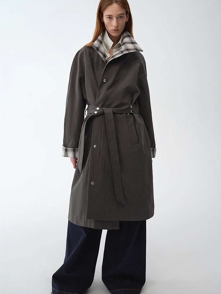 Women's Urban Island Retro plaid trench coat by Firelady Fur featuring mid-length design, workwear style, lapel collar, and vintage-inspired look.