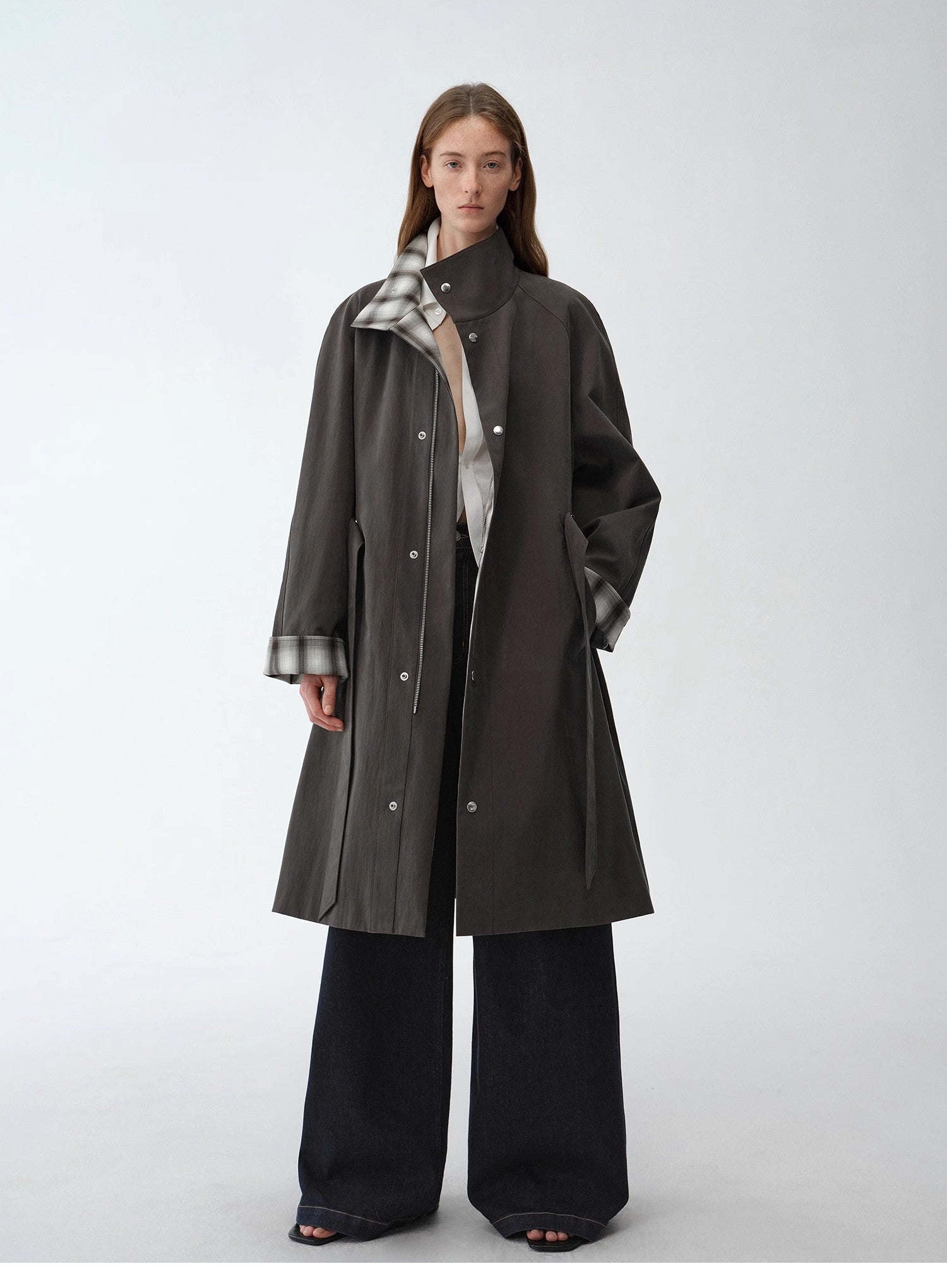 Firelady Fur Urban Island Retro Plaid trench coat for women, mid-length workwear style with lapel collar and classic design.