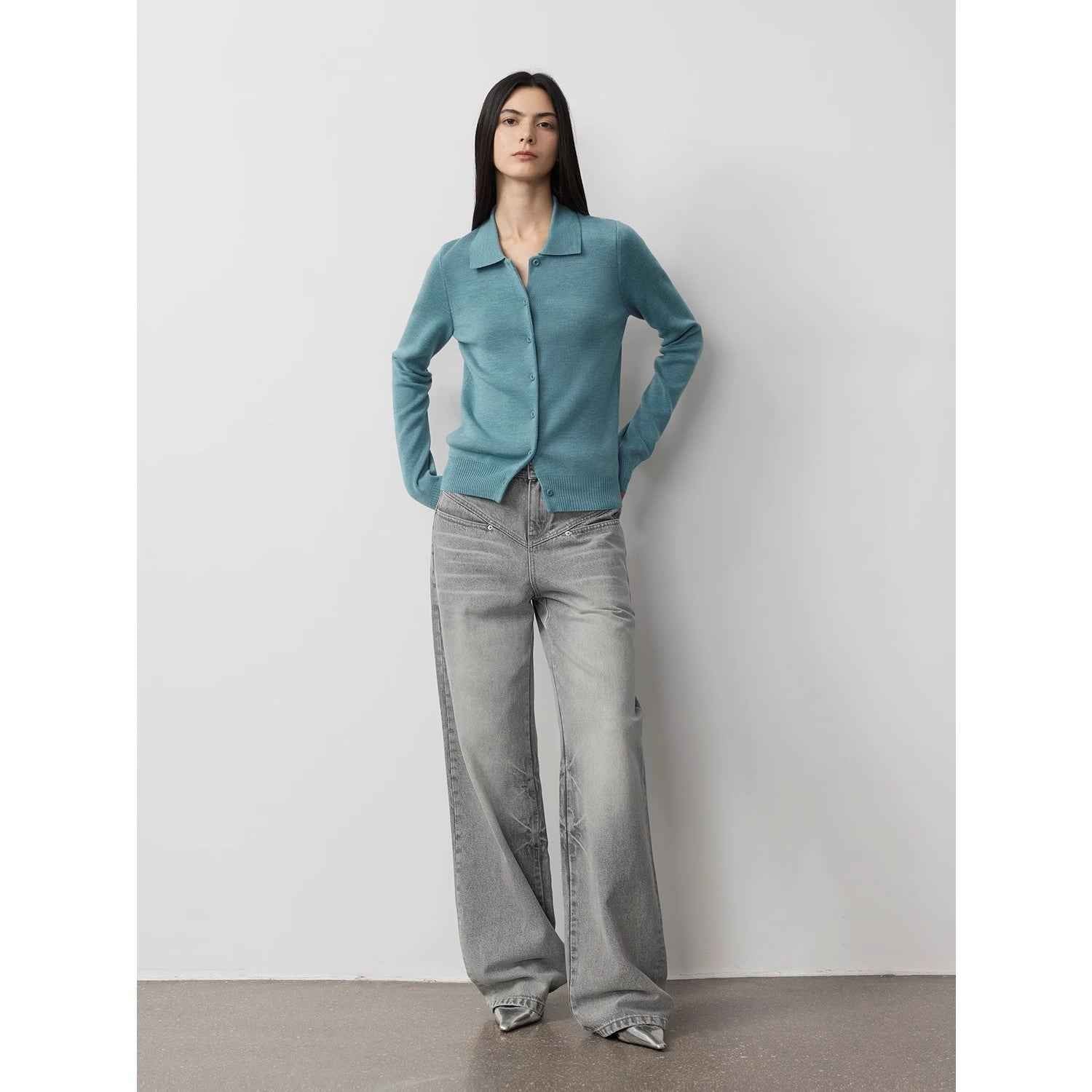 Firelady Fur denim straight-leg trousers with vintage wash, distressed detailing, marble pattern, and textured V-shaped segments.