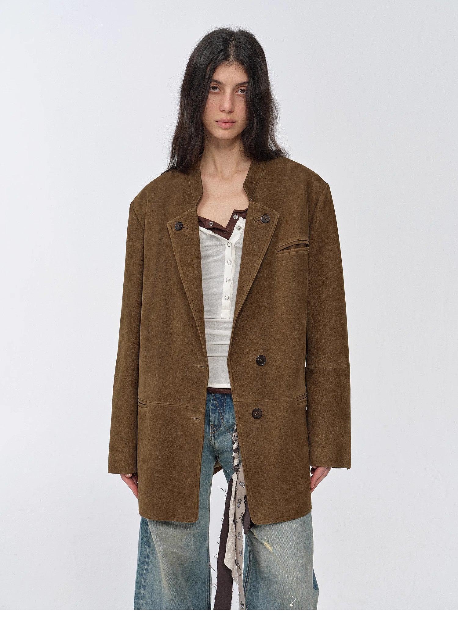 Vintage suede/waxy goatskin leather mid-length suit jacket "Bavaria"-2