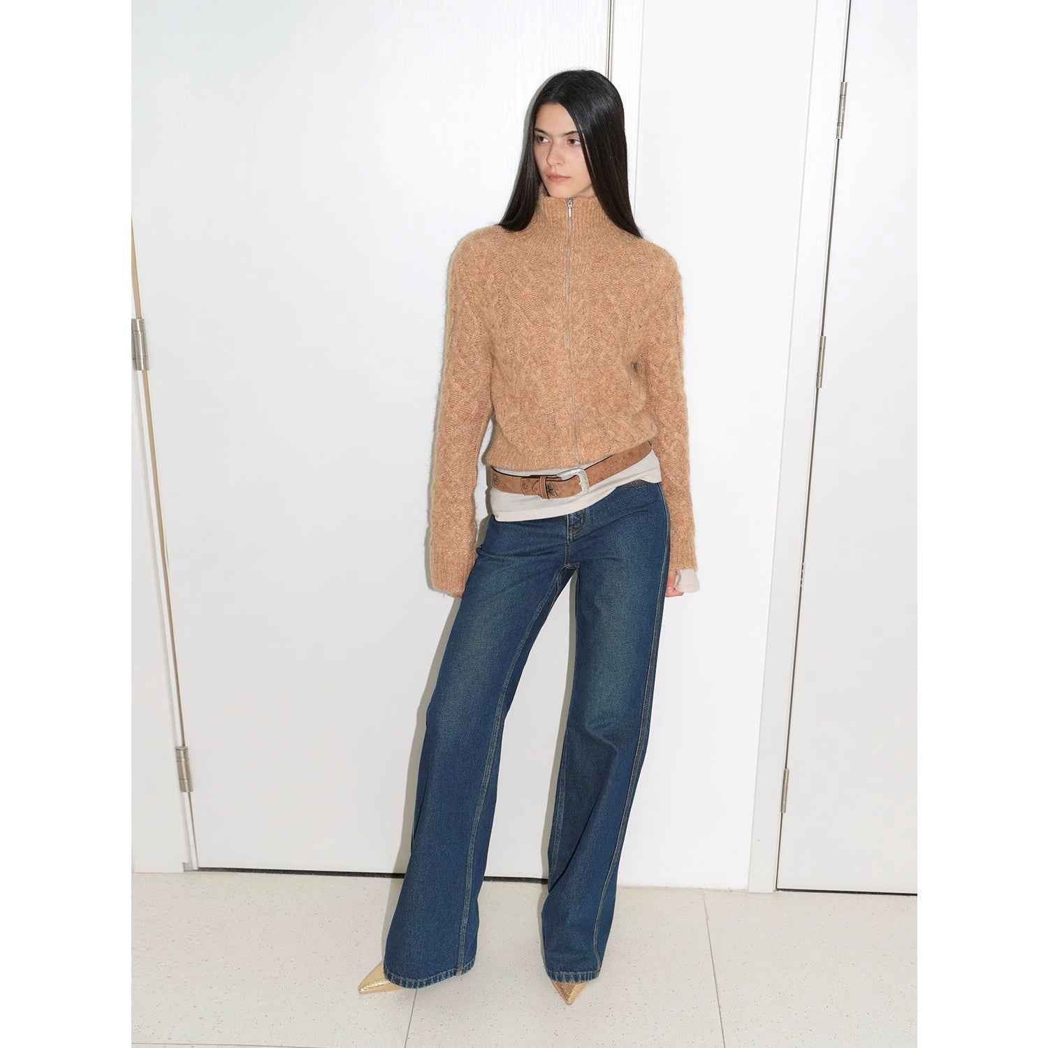 Vintage warm flower pattern basic top mohair wool cable blend zipper knit cardigan "Romantic Cable"-0