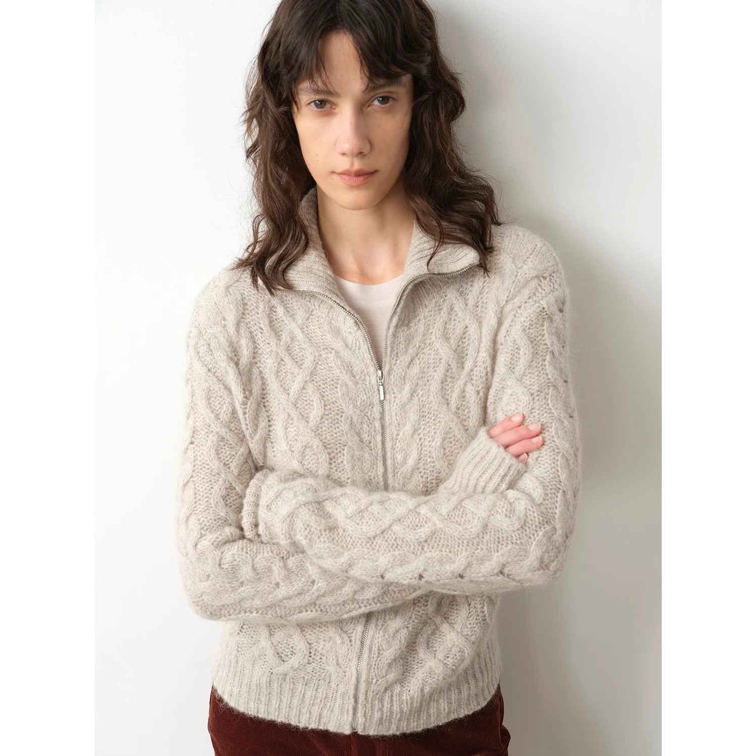 Vintage warm flower pattern basic top mohair wool cable blend zipper knit cardigan "Romantic Cable"-1