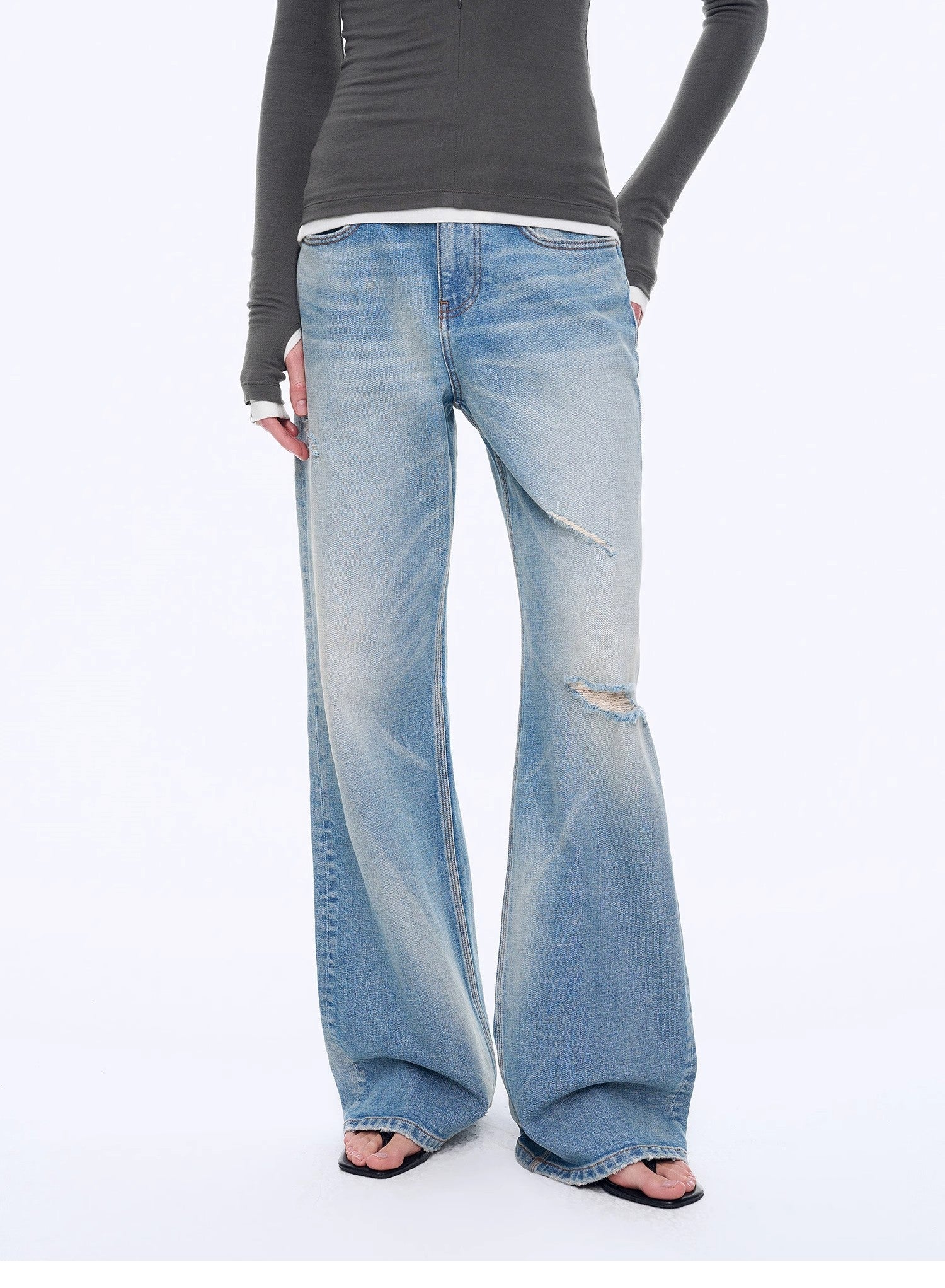 "West City Rhythm" Handmade Whisker Washed Flared Jeans Spring-4