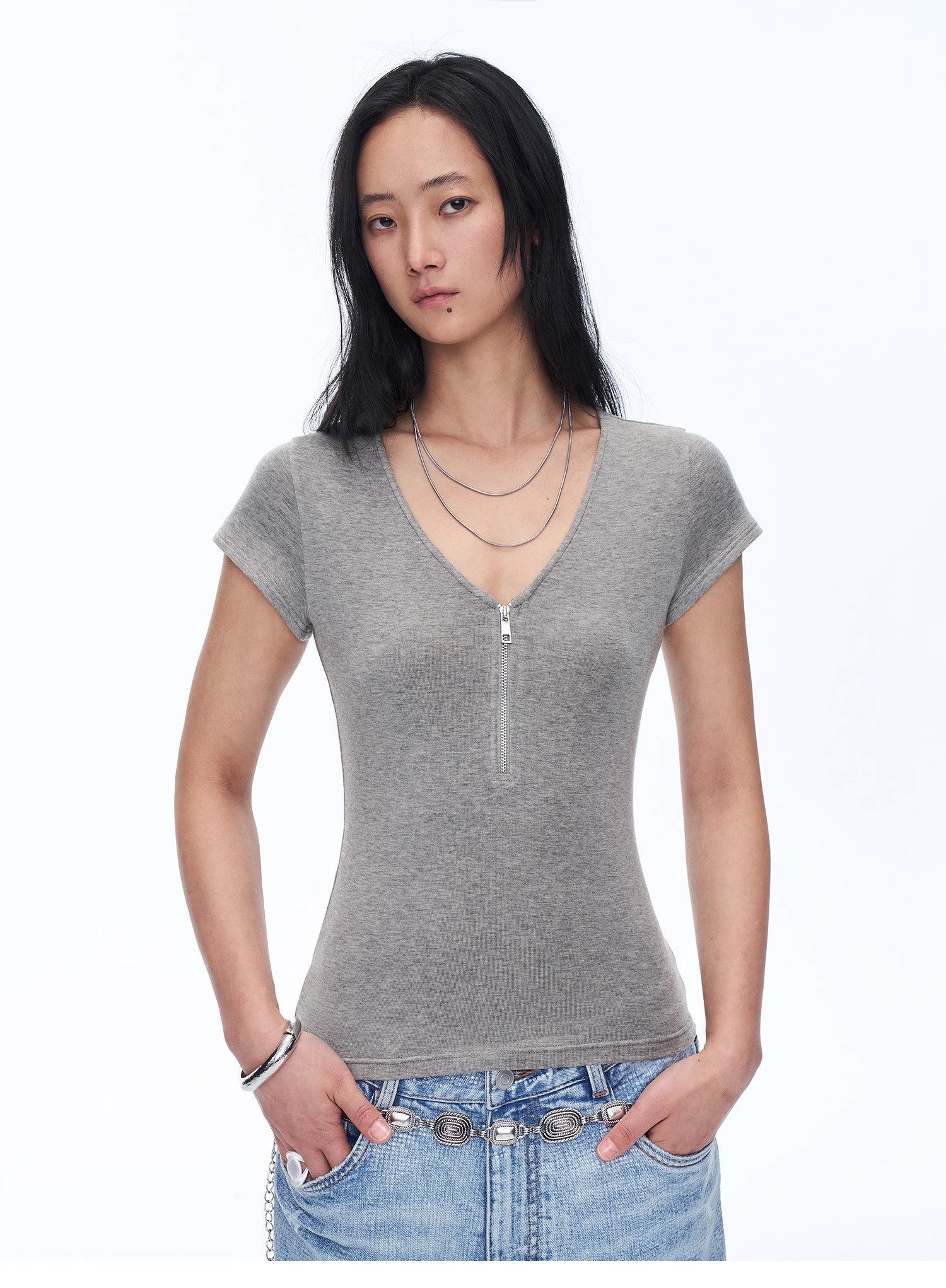 Firelady Fur Wool Tencel deep V-neck women's top with short sleeves, loose fit, in a simple solid color.