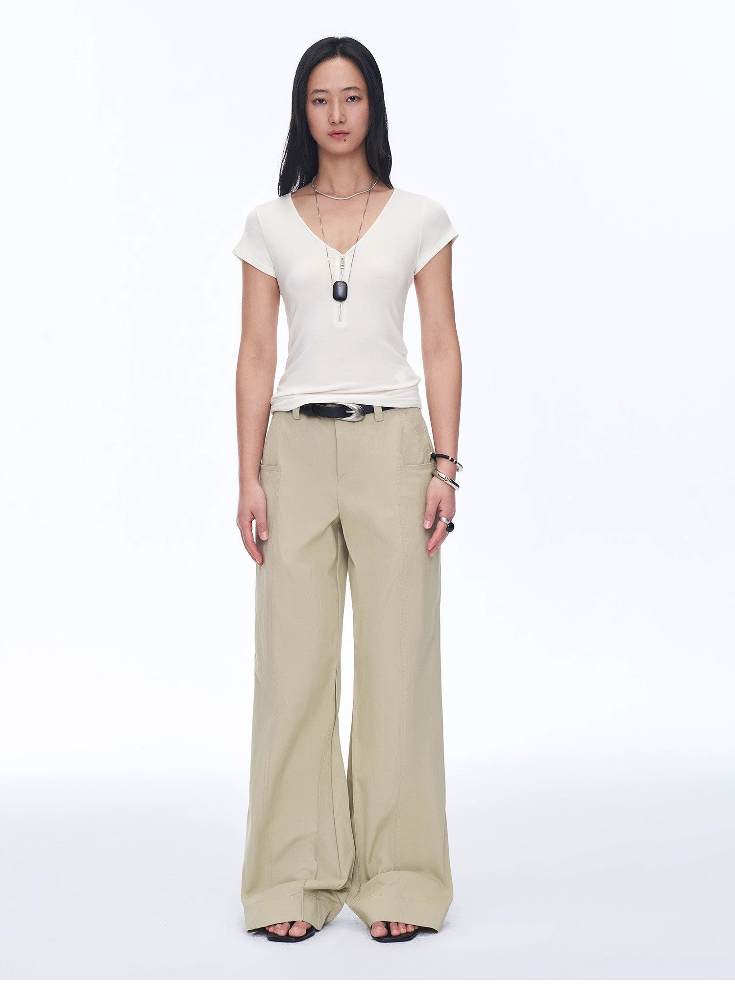 Firelady Fur women's Wool Tencel deep V-neck shirt featuring short sleeves, loose fit, and zipper detail in simple, elegant style.