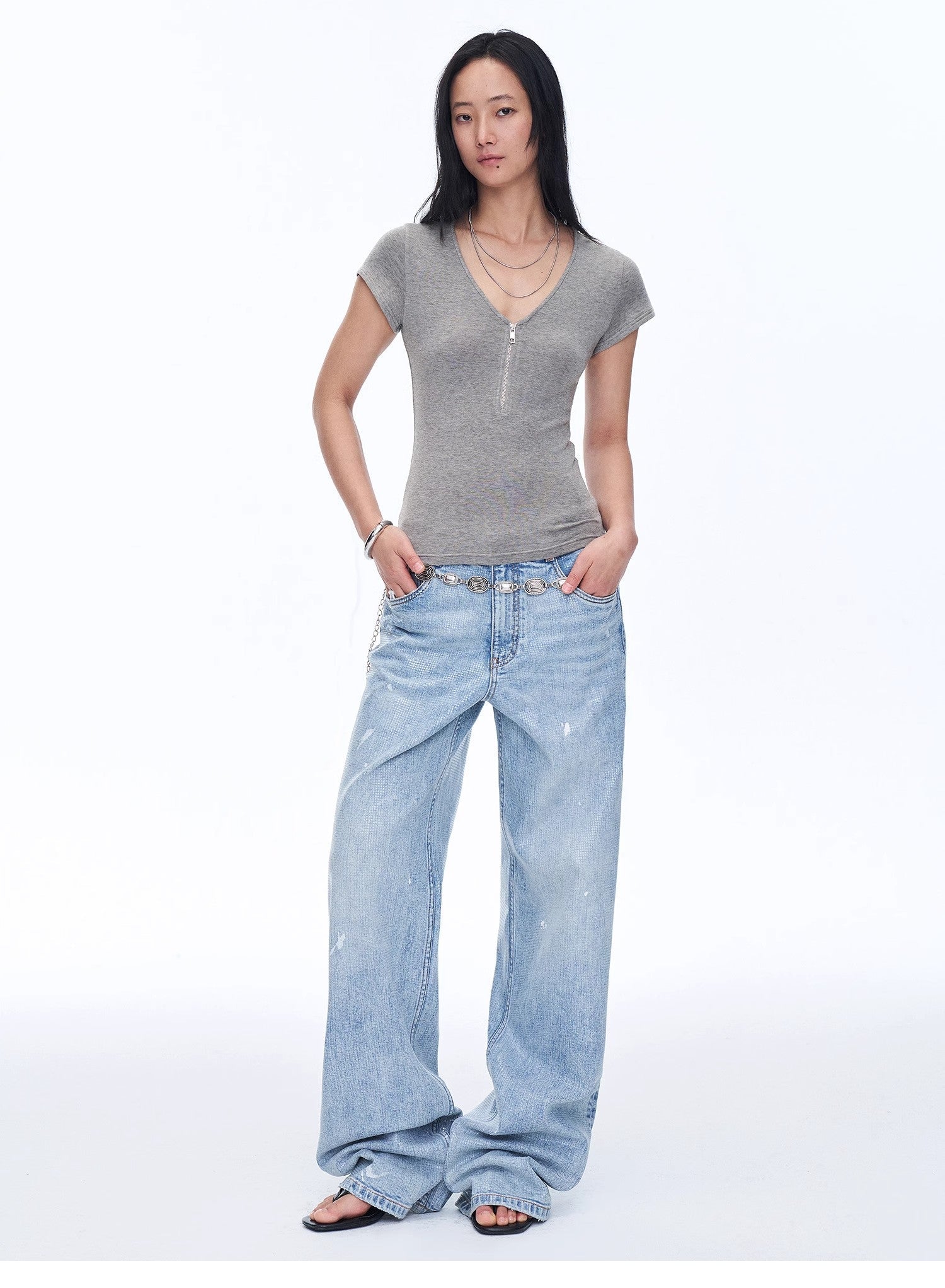 Firelady Fur Wool Tencel Deep V-Neck Shirt for women featuring short sleeves and a relaxed fit in simple, elegant design.